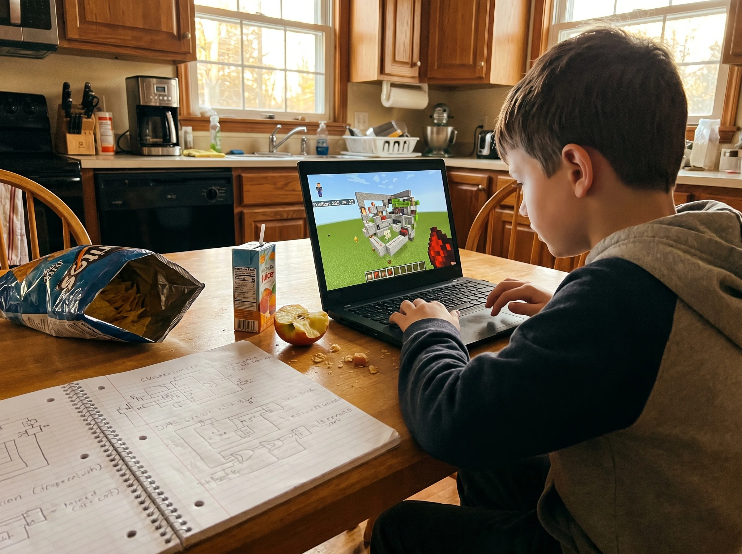 A kid hunched over a laptop showing a Minecraft redstone build, a notebook with hand-drawn circuit diagrams next to him, kitc