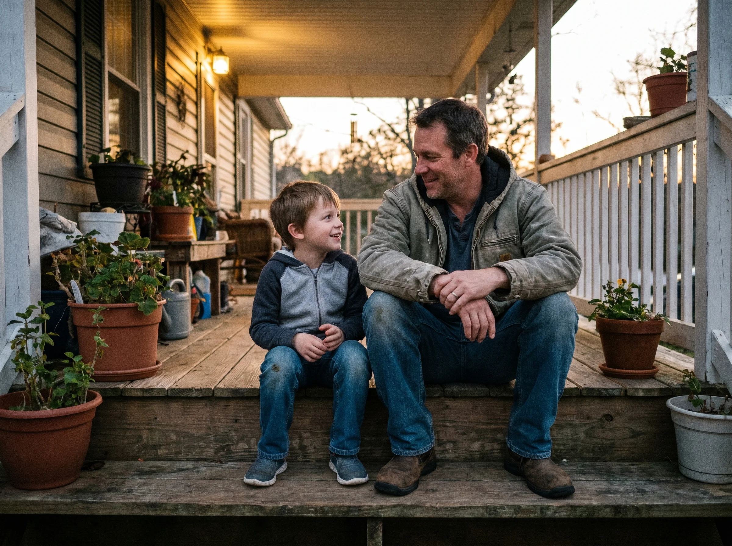 Dad and son sitting side by side on a back porch step at dusk, no screens visible, just talking, body language relaxed