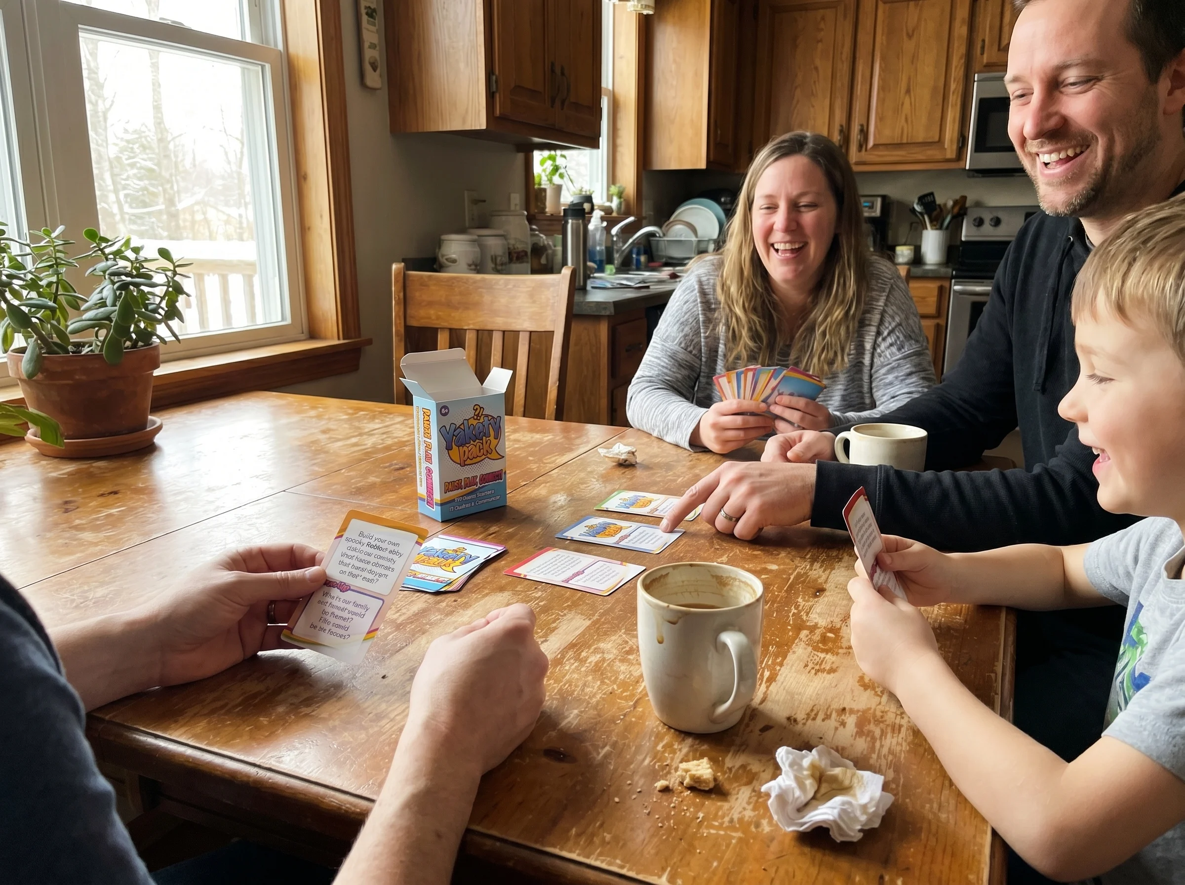 A family card deck spread out on a wooden kitchen table next to two coffee mugs, soft morning light through a window
