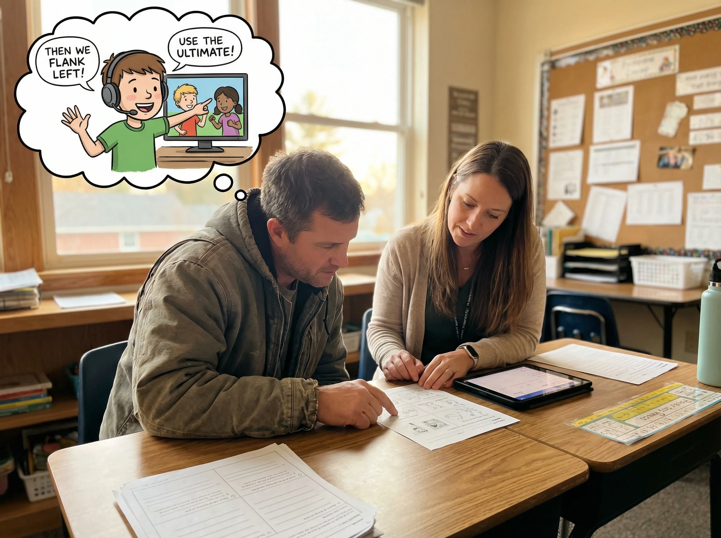 A parent-teacher conference scene with worksheets spread on a desk, while a thought bubble shows the same child animated and