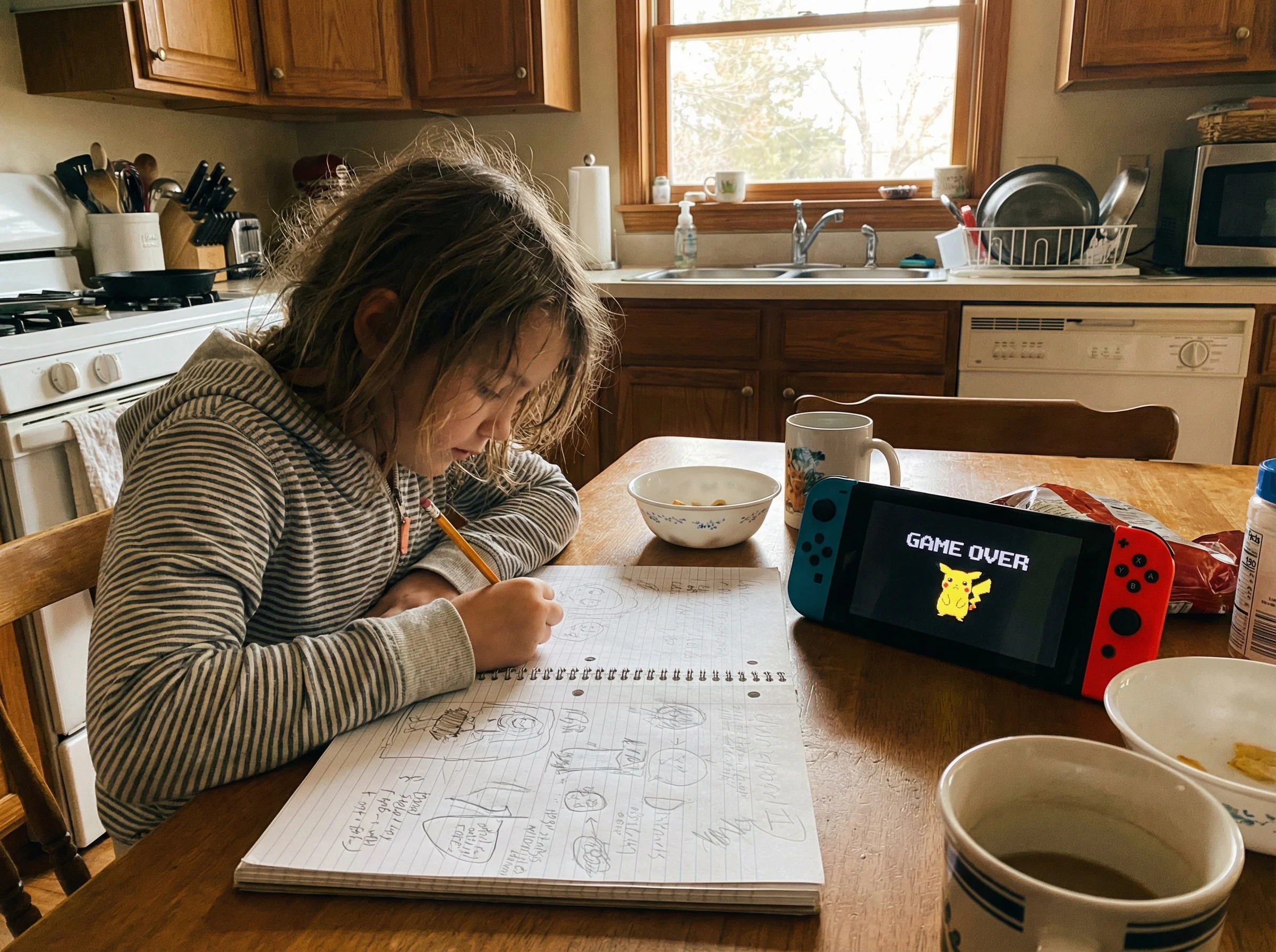 A young girl at a kitchen table with a notebook, sketching Pokemon team strategies while her Nintendo Switch sits nearby show