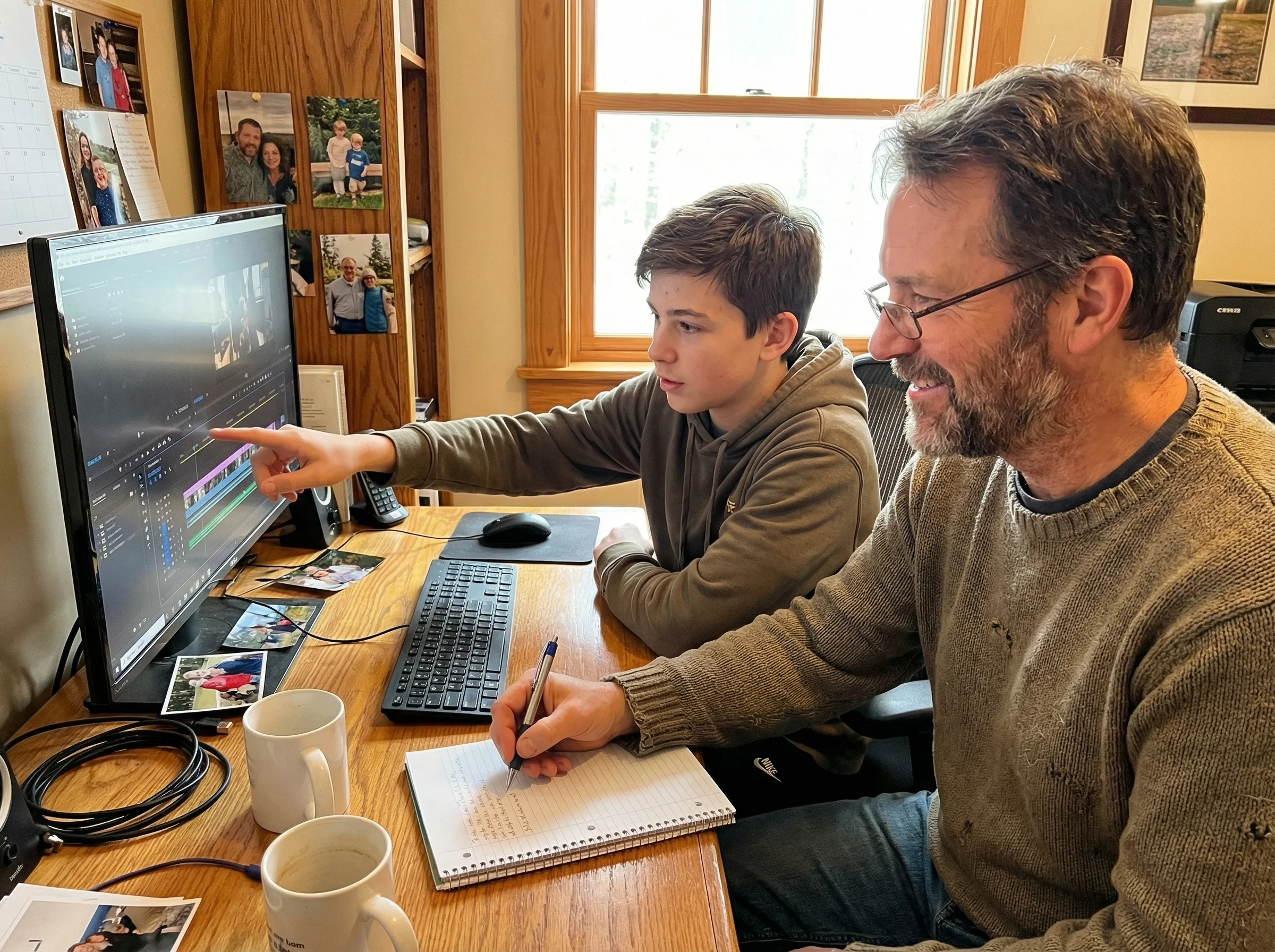 A dad and teenage son sitting side by side at a computer, the son pointing at video editing software while the dad takes note