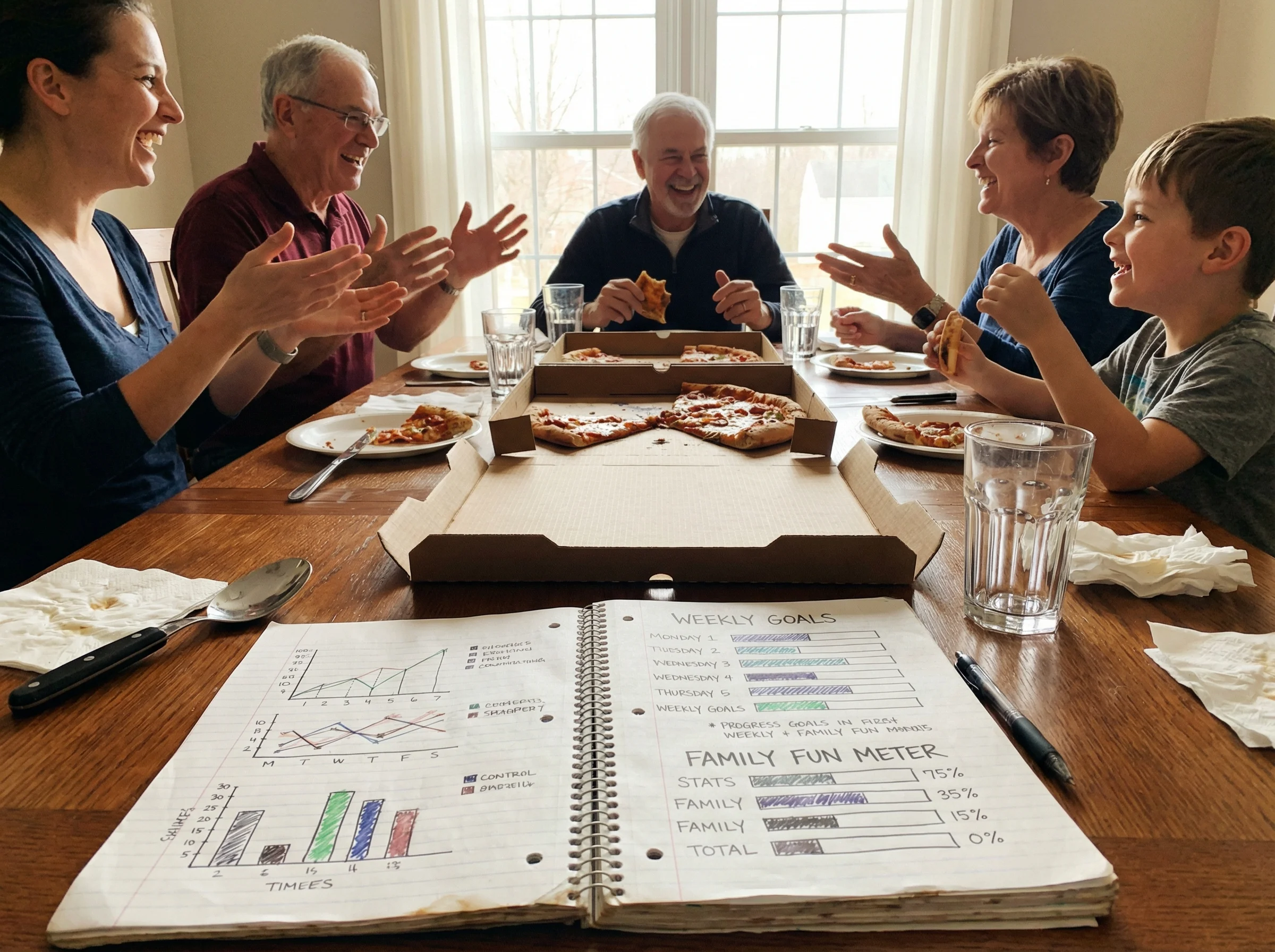 Family dinner table with a casual notebook open showing hand-drawn progress bars and stats, while everyone's engaged in anima