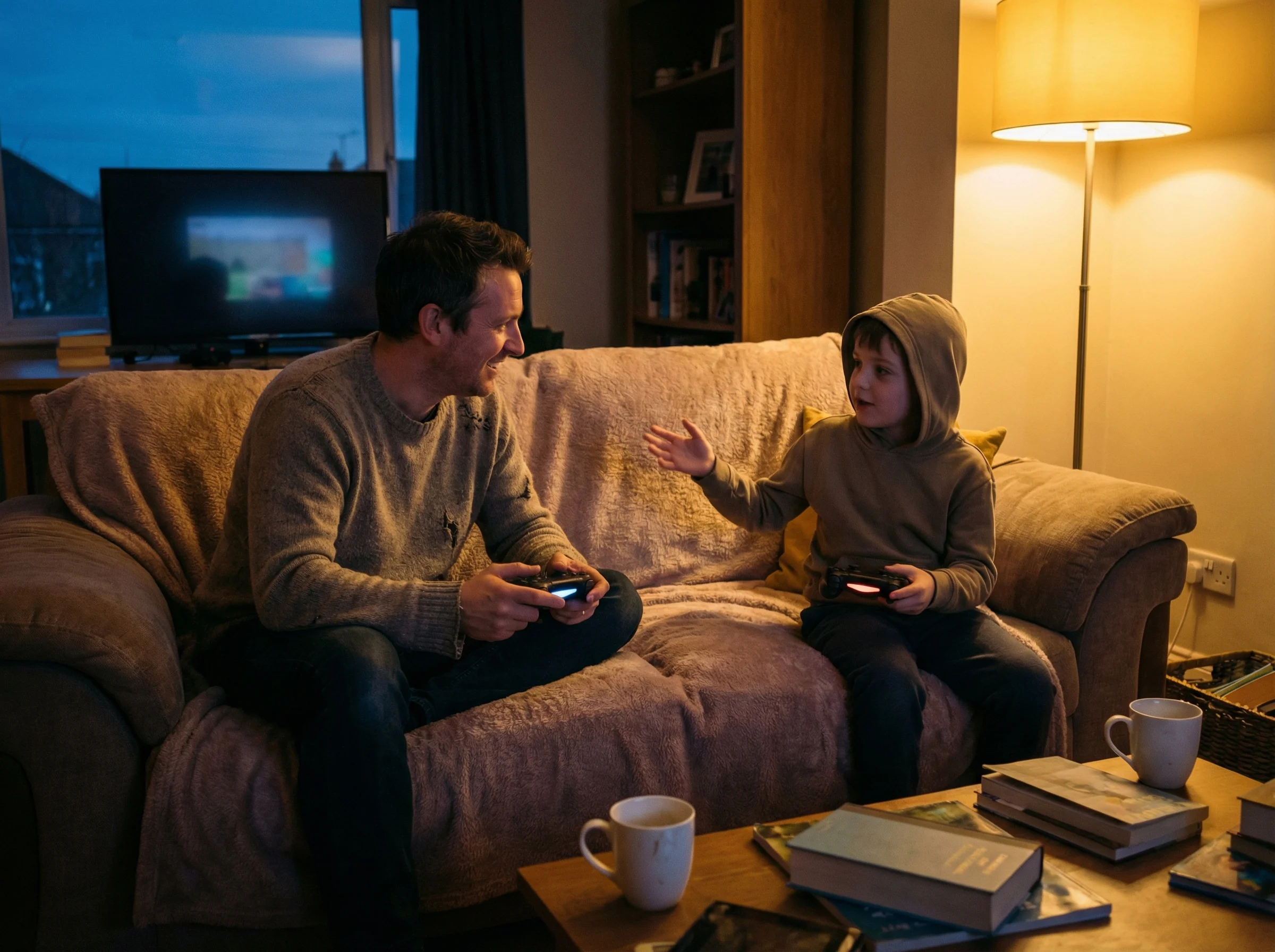 A cozy living room scene at dusk, parent and child on opposite ends of the couch, both holding controllers but turned toward