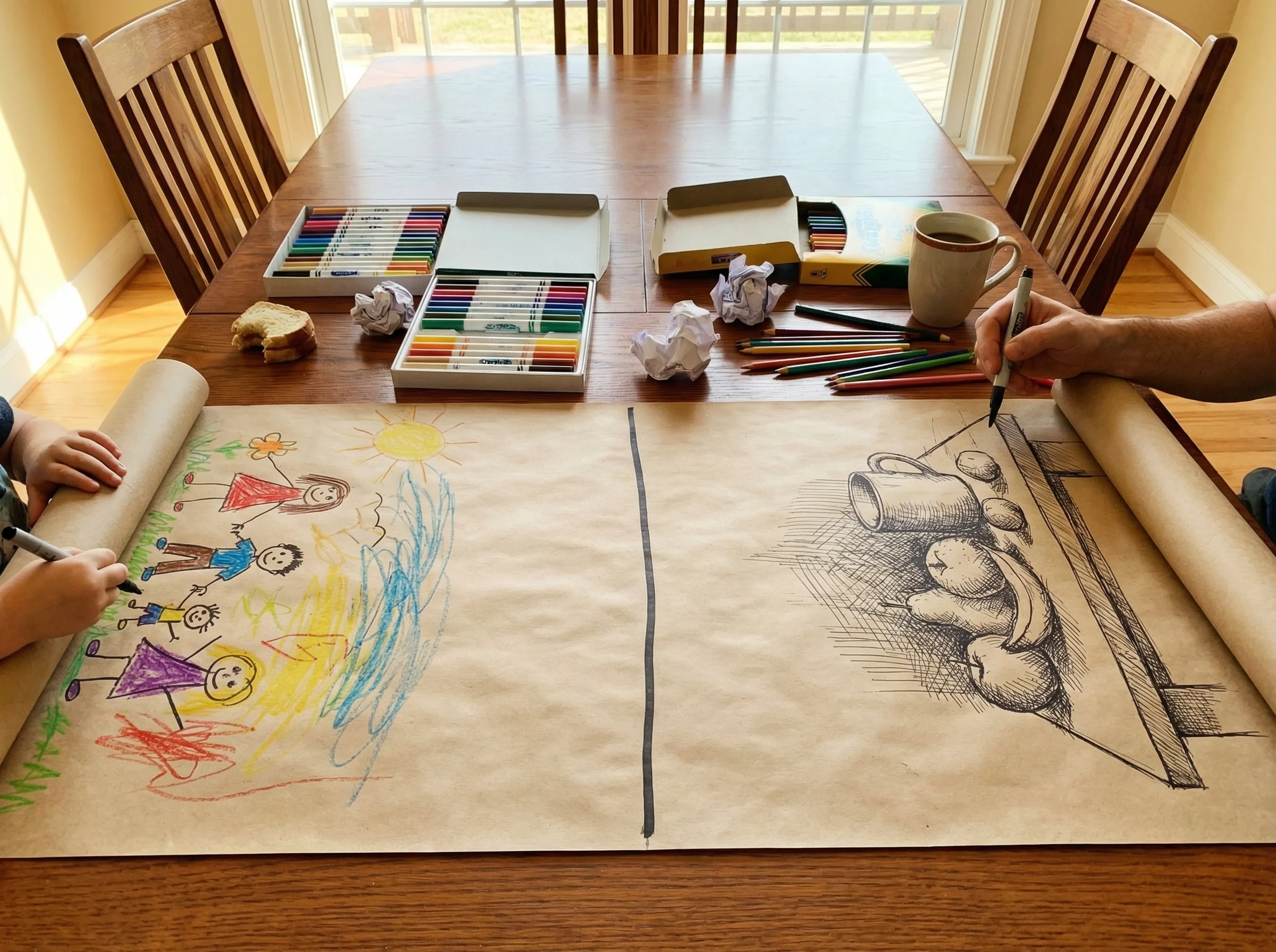 A dining table covered in art supplies with a large paper divided down the middle by a marker line, showing two different dra