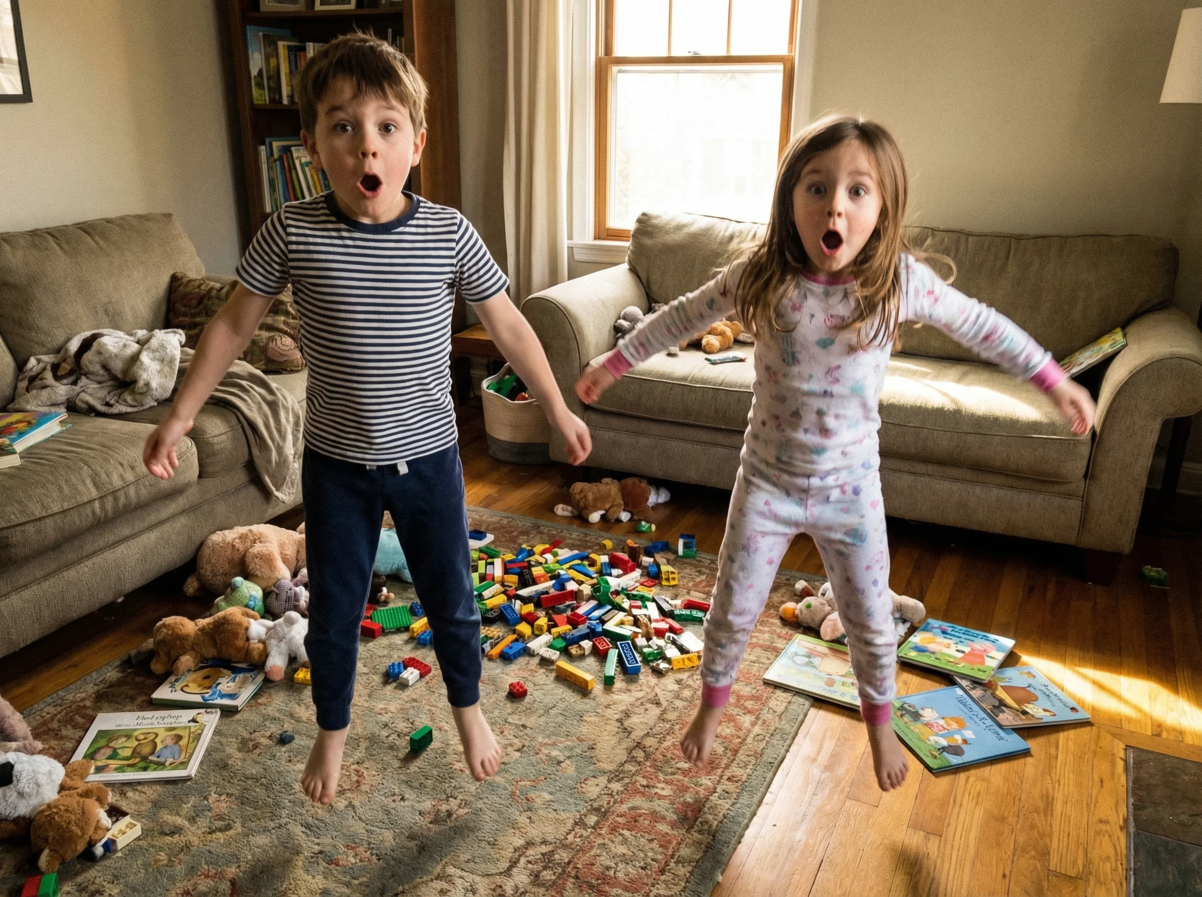 Two kids mid-jumping jack in a living room, both caught mid-air with surprised expressions, toys scattered on the floor behin