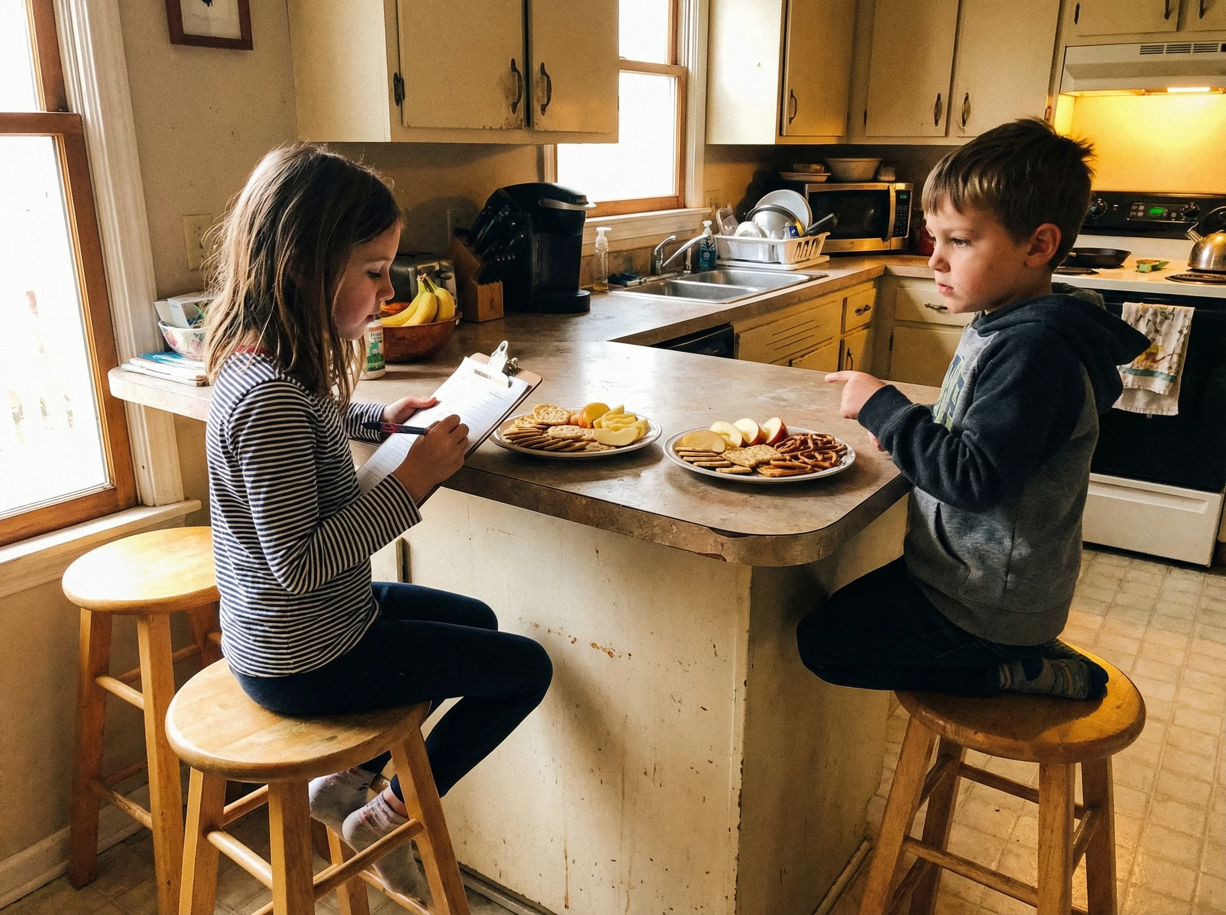 Two kids sitting at a kitchen counter, one holding a clipboard like a judge while dividing snacks between two plates