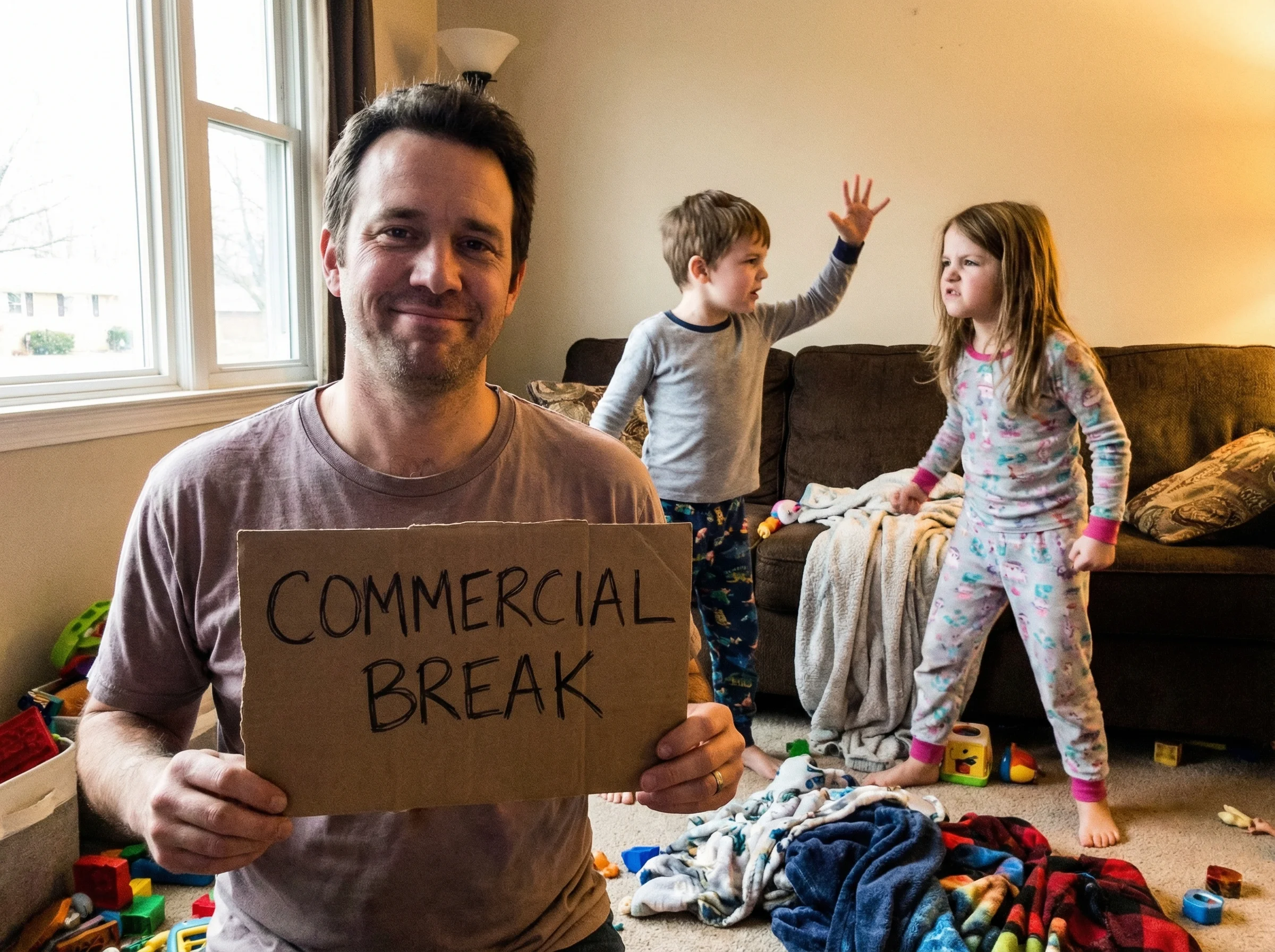 A dad holding up a homemade "Commercial Break" sign while two kids freeze mid-argument in the background