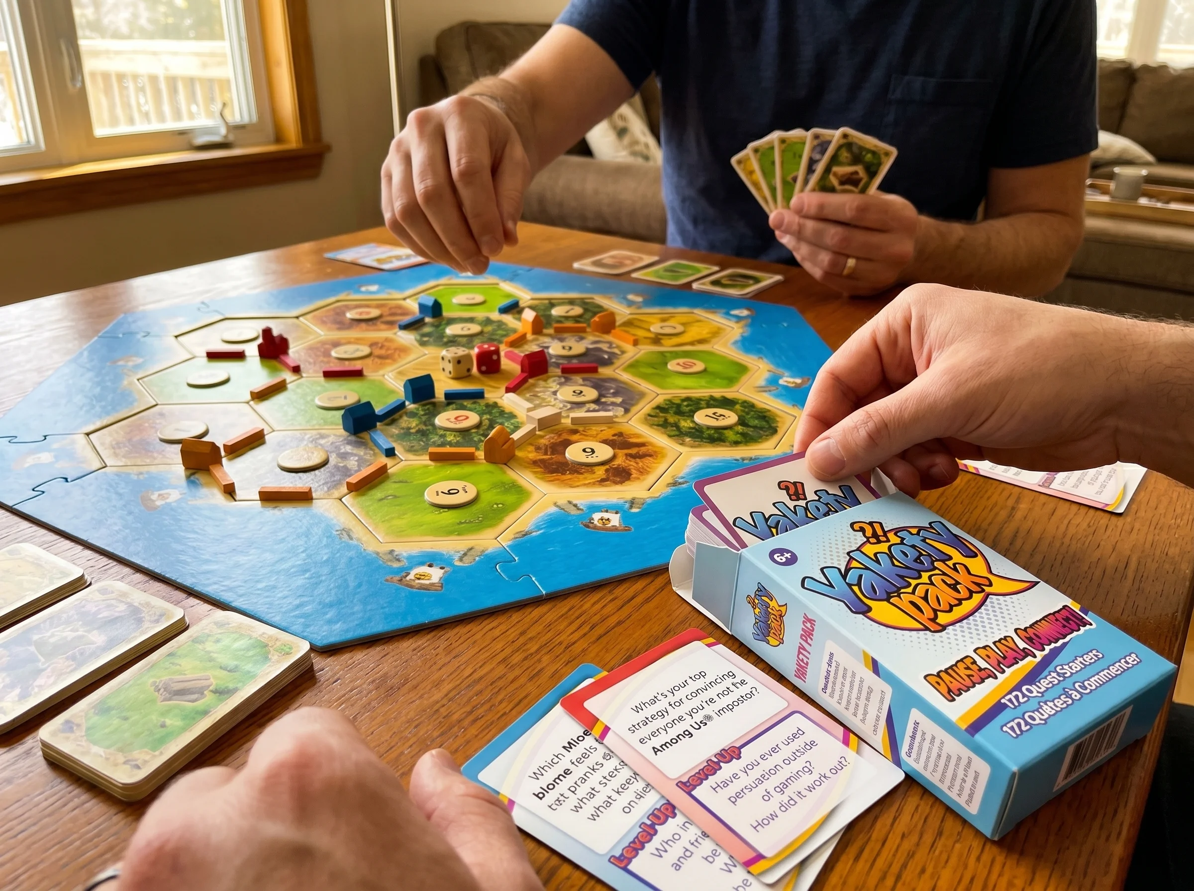 Close-up of a Catan board mid-game with wooden pieces, dice, and resource cards scattered, hands of two players reaching in