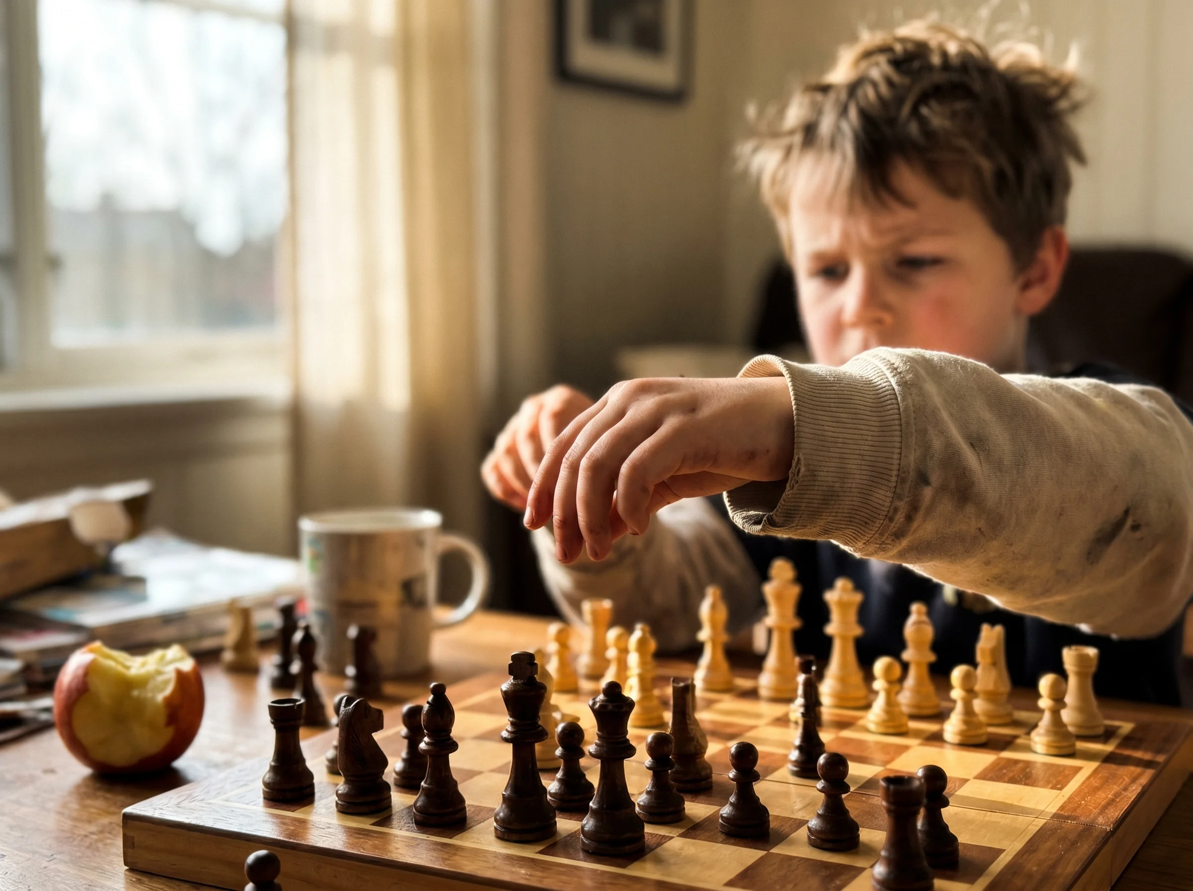 A kid's hands hovering thoughtfully over a chess board mid-game, brow furrowed in concentration, natural window light