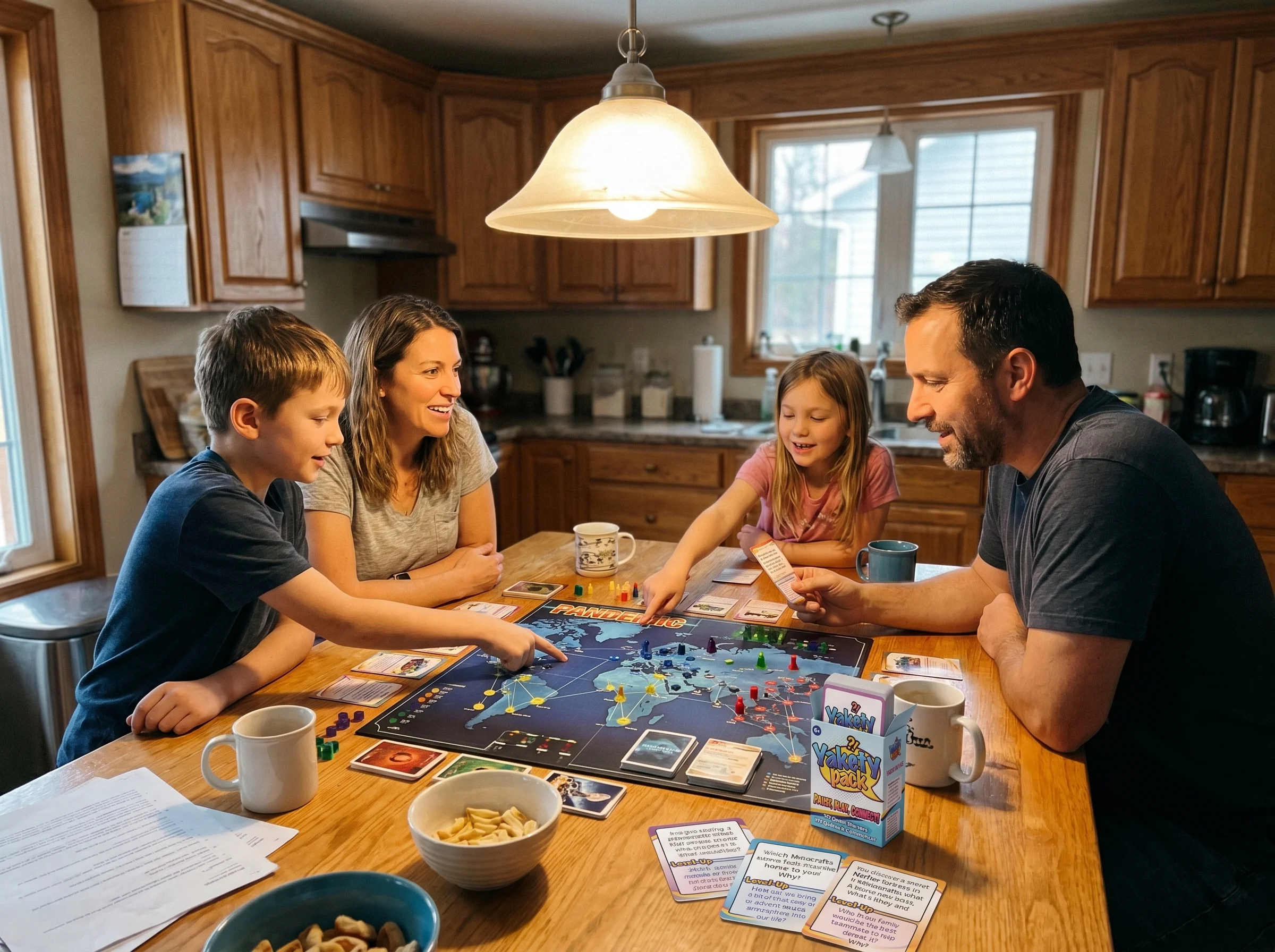 A family of four gathered around a kitchen table playing Pandemic, leaning in, pointing at the board, mid-conversation, warm 