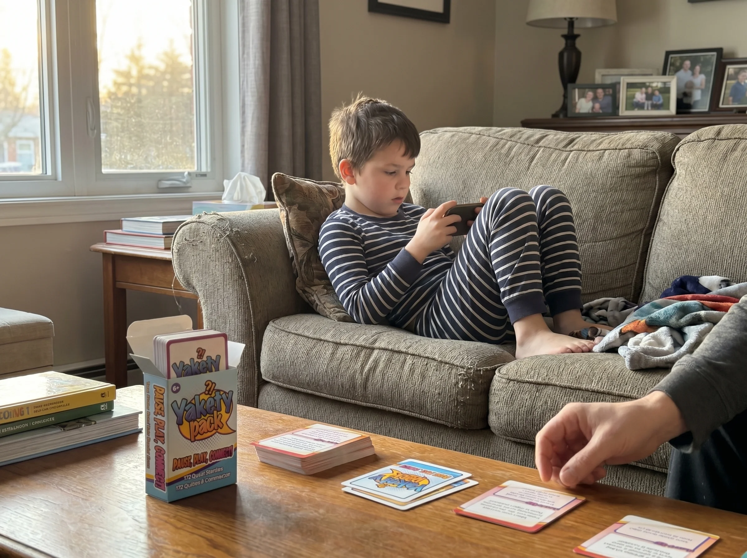 A boy in pajamas on the couch playing Clash Royale on a phone, focused expression, soft morning light through window