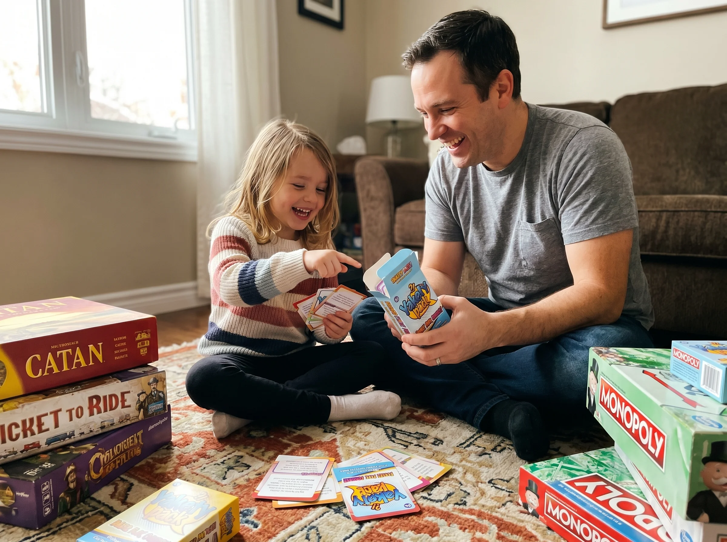 Dad and daughter sitting on the floor surrounded by board game boxes, laughing as they set up a new game, casual family room 