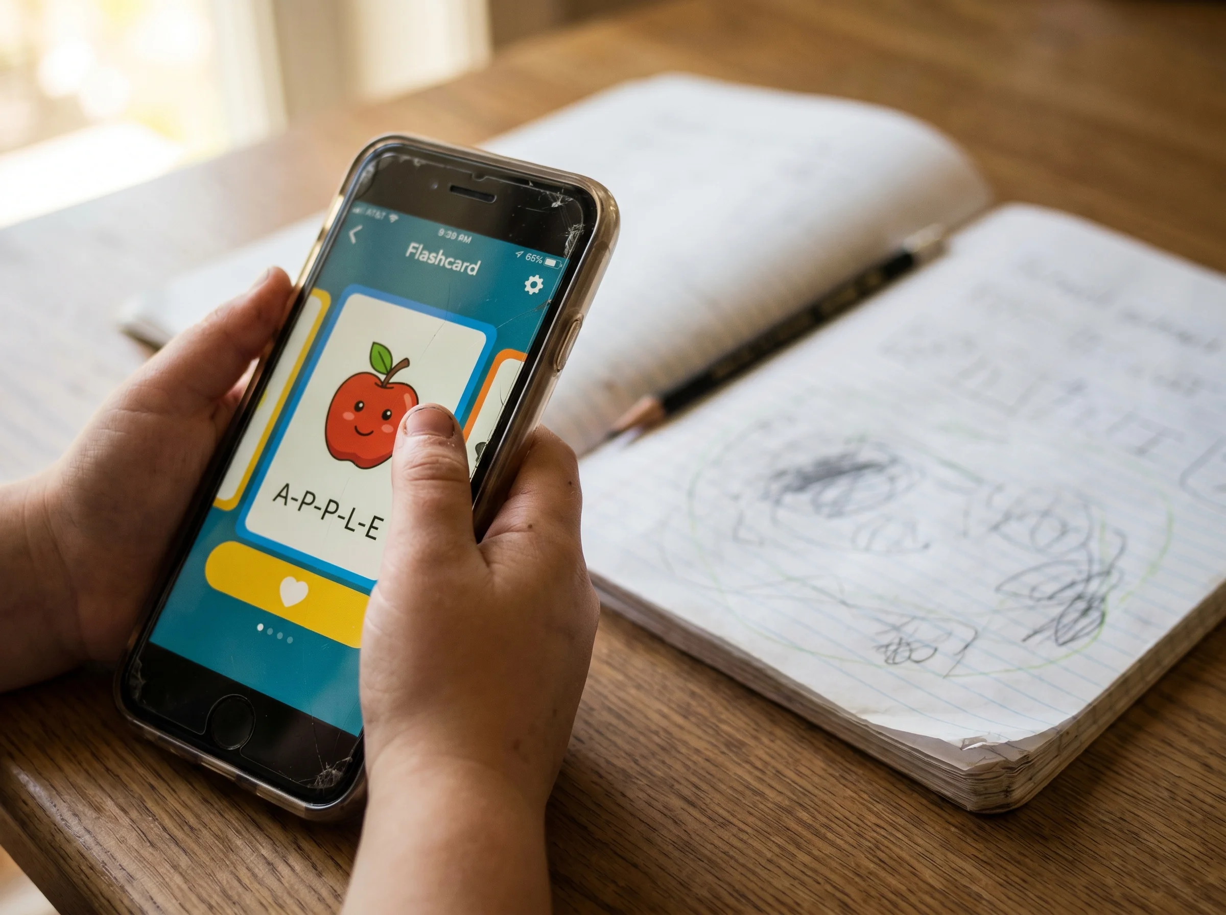 Close-up of a phone screen showing a flashcard app, kid's hand holding the phone, school notebook open in the background