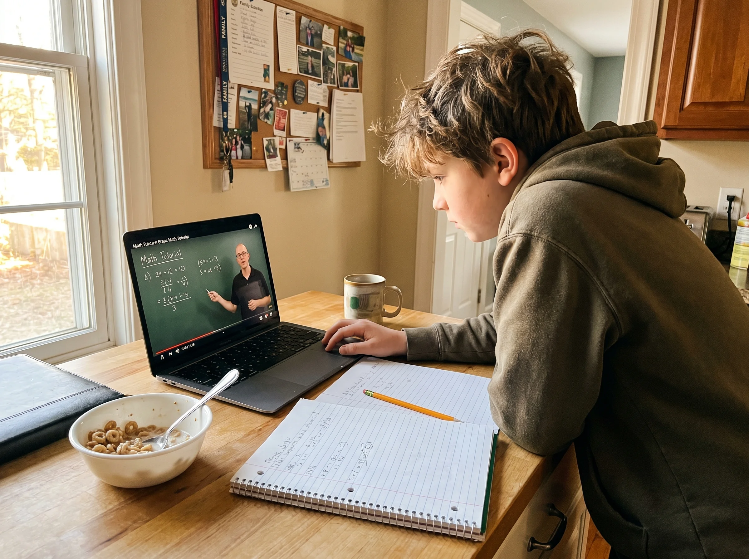 Middle school kid watching a math tutorial video on a laptop at a kitchen counter, notebook and pencil beside them, morning l