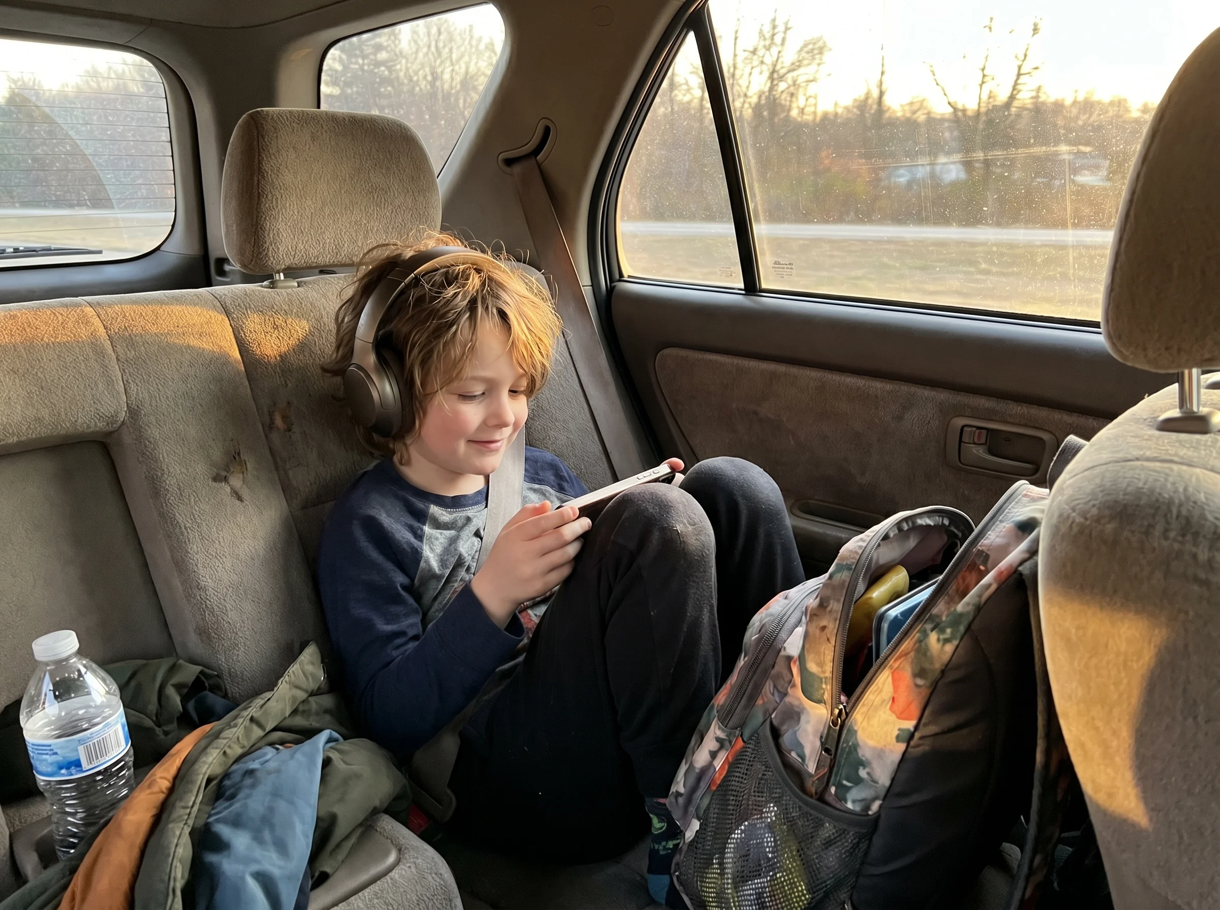 Kid with headphones on listening to audio on a phone while sitting in the back seat of a car, soft afternoon light through th