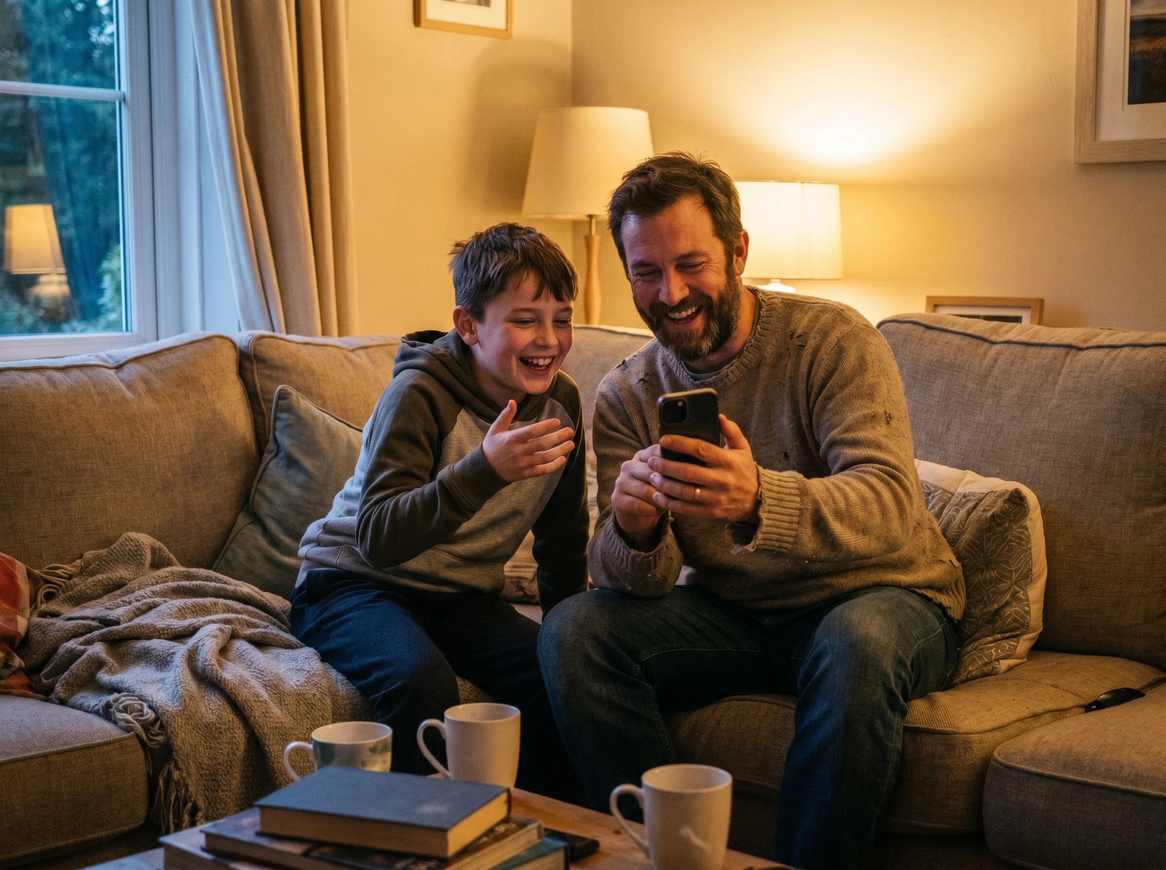 Dad and middle school son sitting side by side on a couch, dad holding the kid's phone and quizzing him, both laughing, eveni