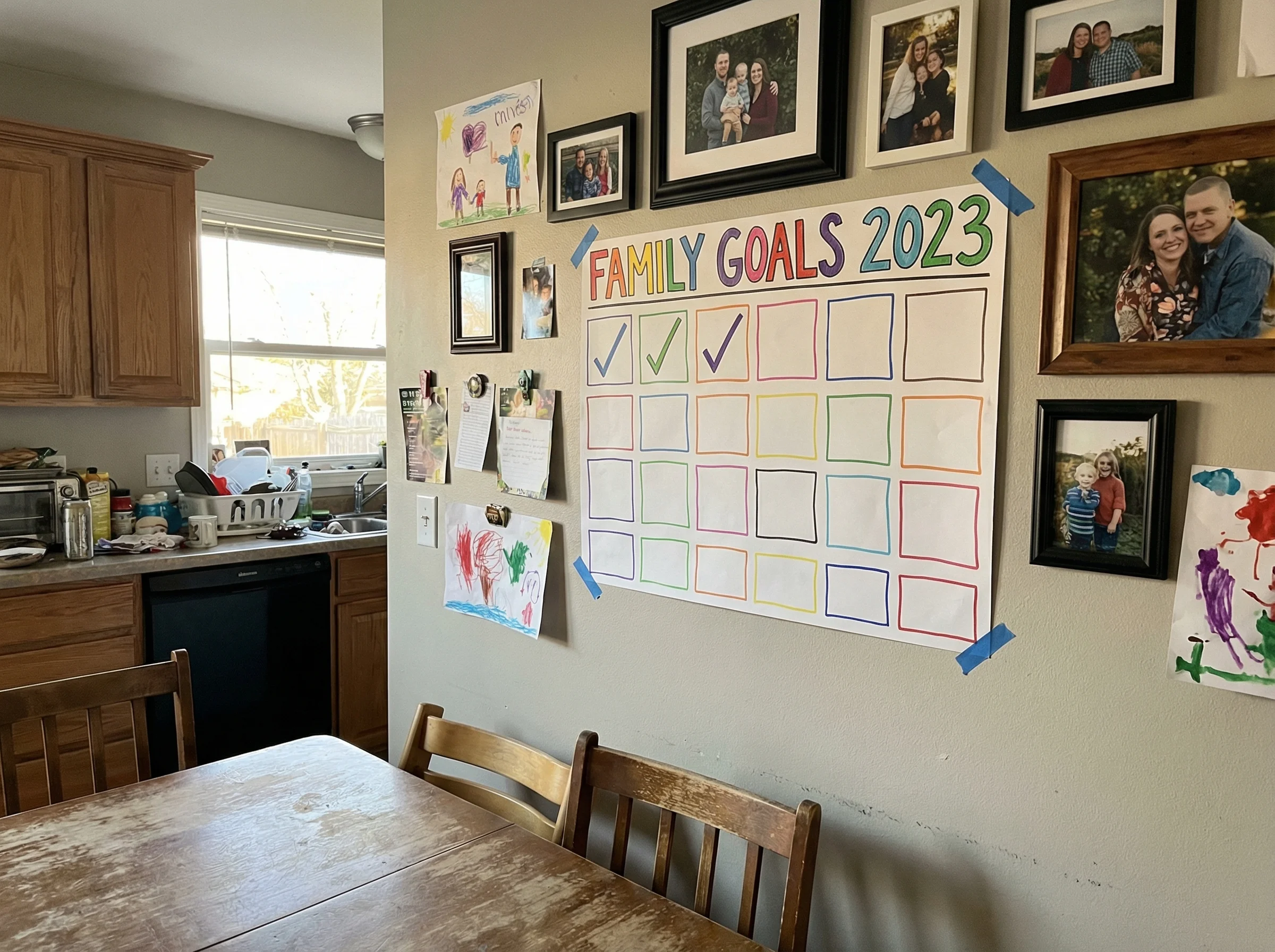 A colorful but abandoned goal chart on a kitchen wall, with only a few checkmarks filled in, family photos and kid artwork su