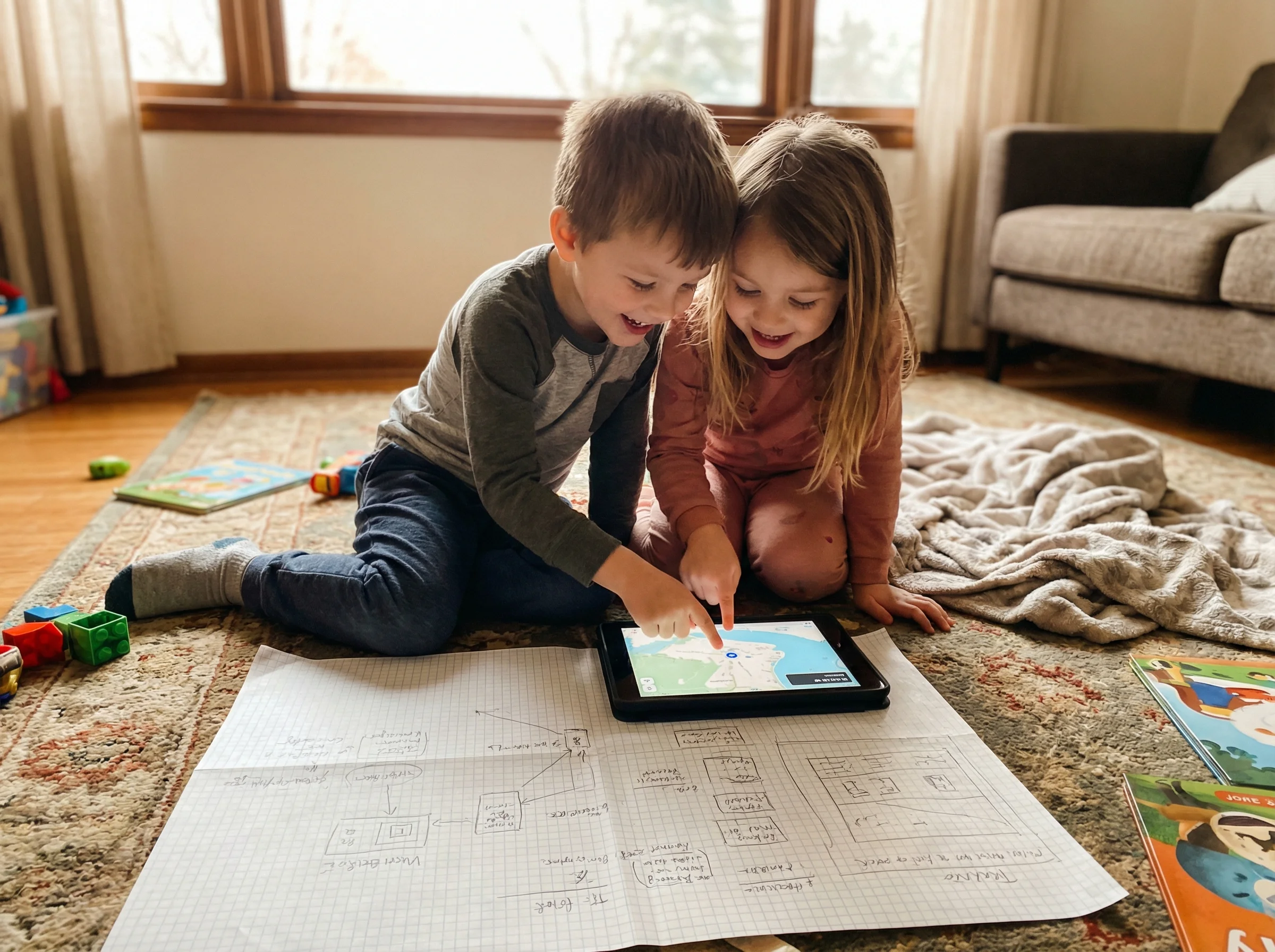 Two kids huddled together looking at a tablet screen, planning something on graph paper spread out on the floor, excited expr