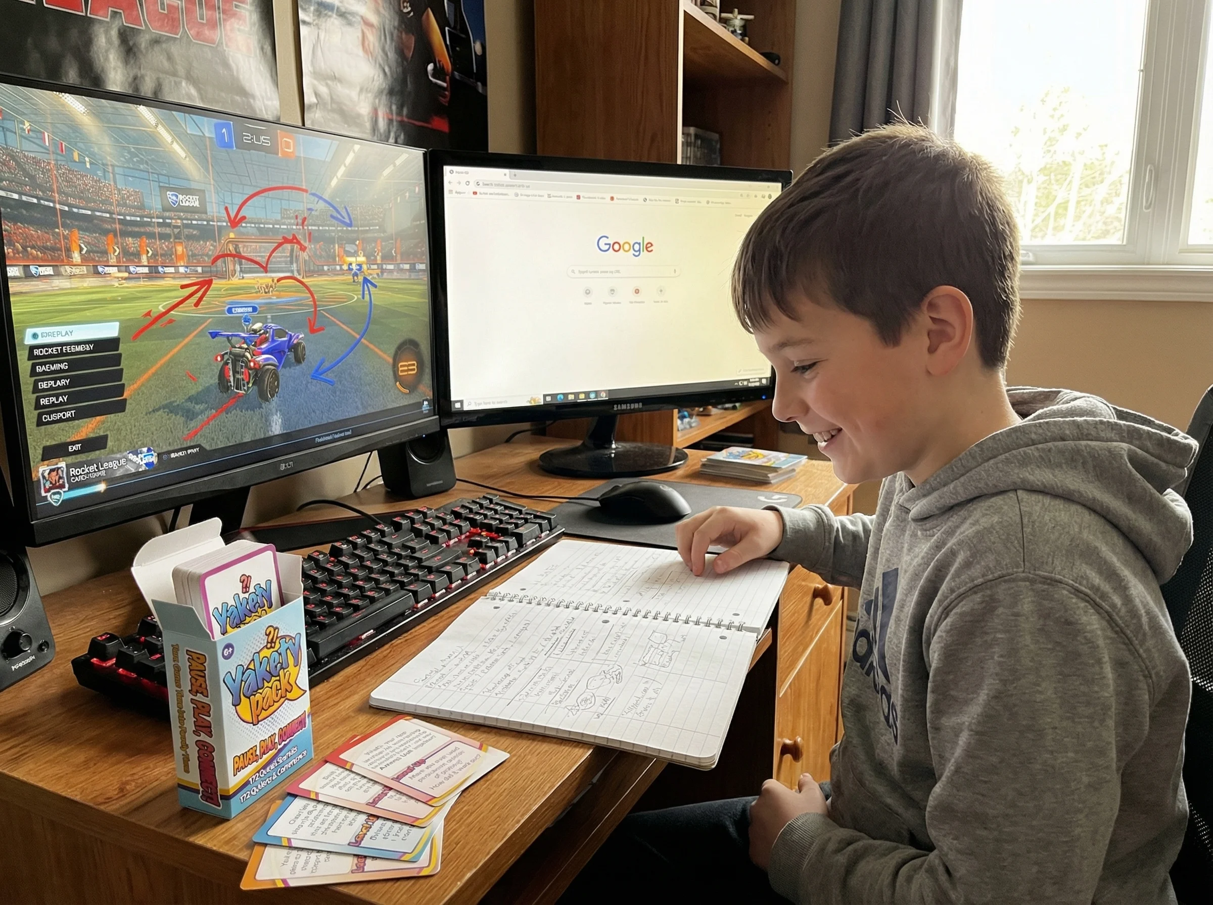 A boy at a desk with dual monitors, one showing a paused Rocket League replay with annotations, notebook with strategy notes
