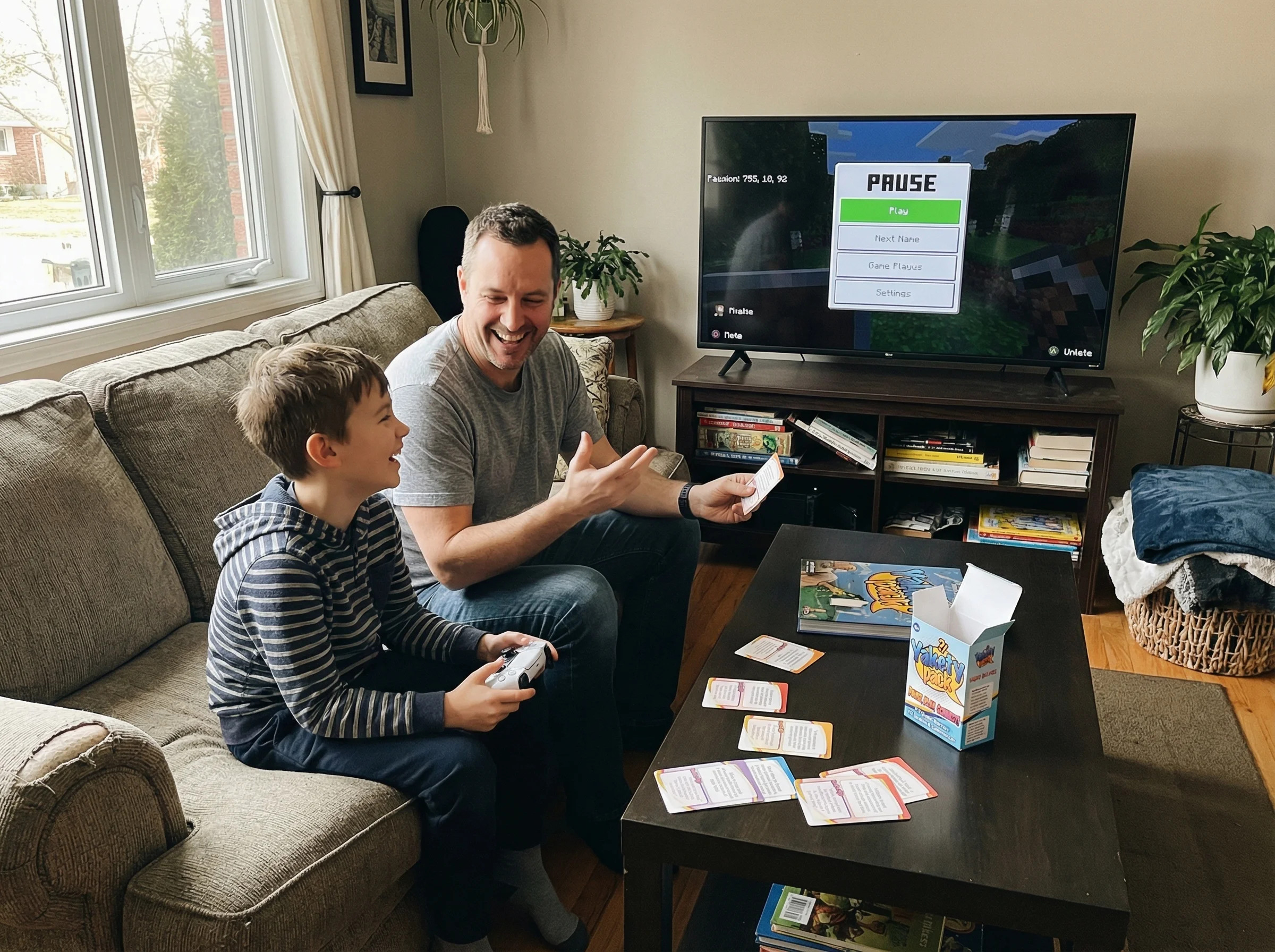 A dad and son sitting together on a couch, both holding game controllers but actually talking and laughing, game paused on sc