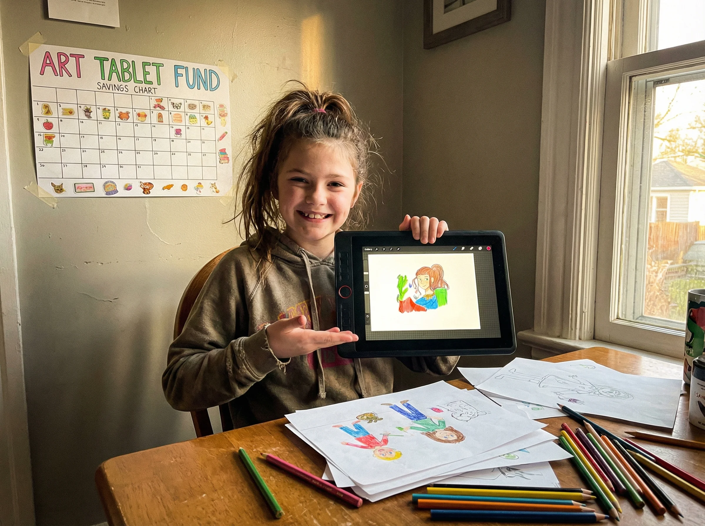 A girl proudly showing off a new art tablet, sketches and drawings spread across the kitchen table, savings chart visible on