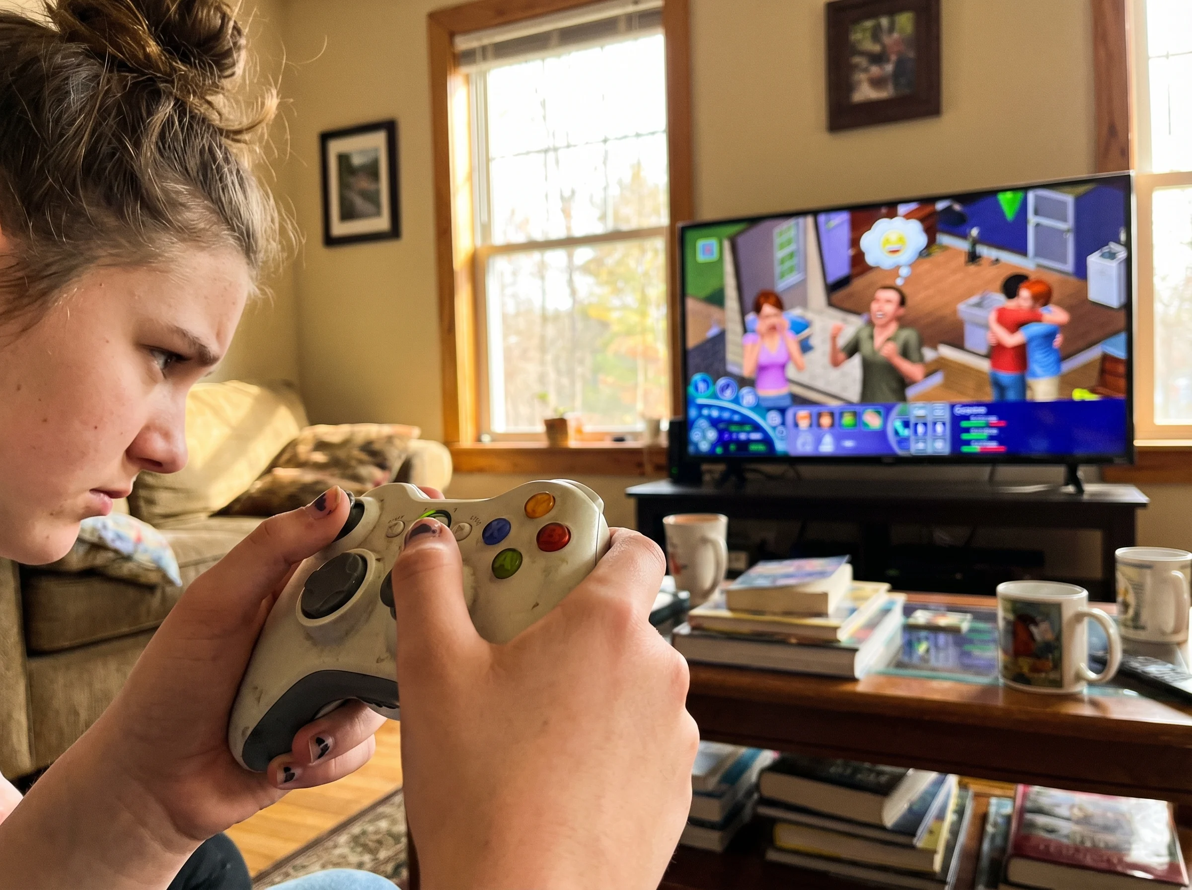 A teenage girl's hands on a gaming controller, her face partially visible in concentration, multiple Sims characters on the T