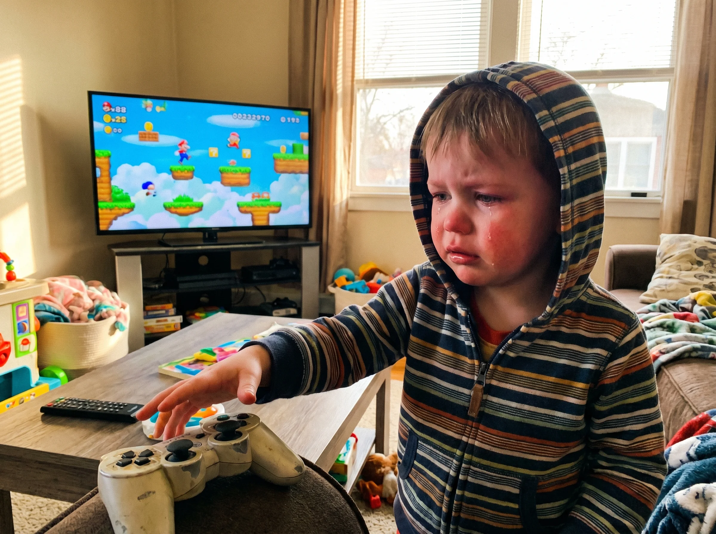 A young child with tears on their cheeks but already reaching for the controller again, determination mixing with frustration