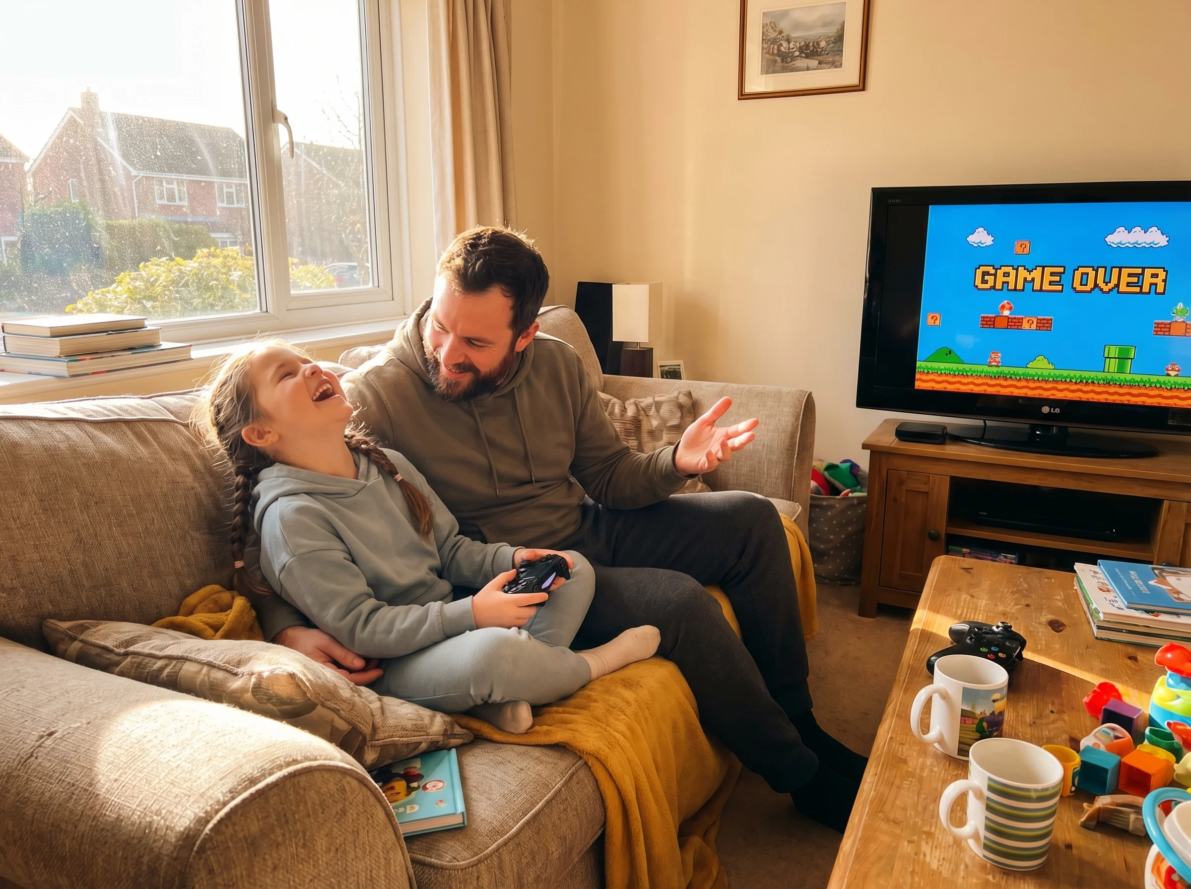 A father and daughter sitting together on a couch, both holding controllers, the daughter laughing as she fails at a challeng