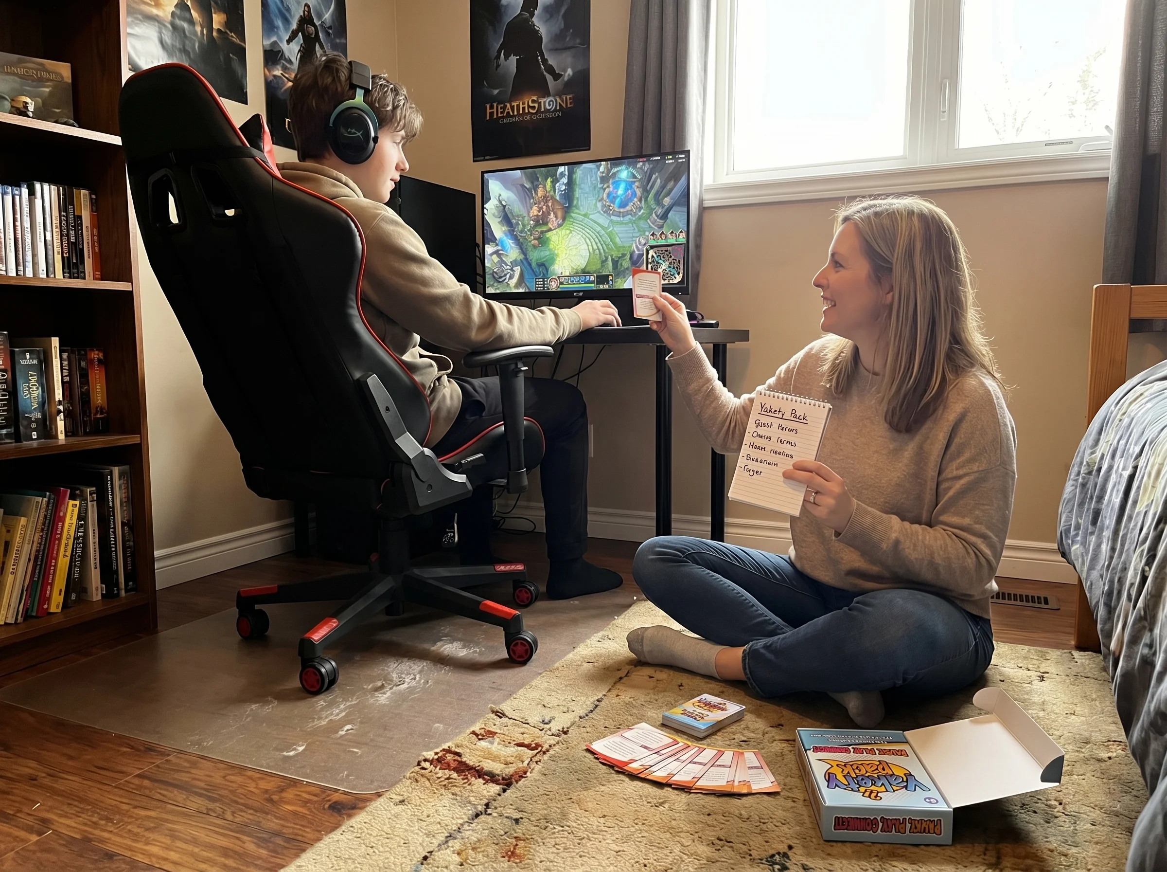 A parent sitting on the floor next to their teen's gaming chair, watching them play while holding a notepad with game termino