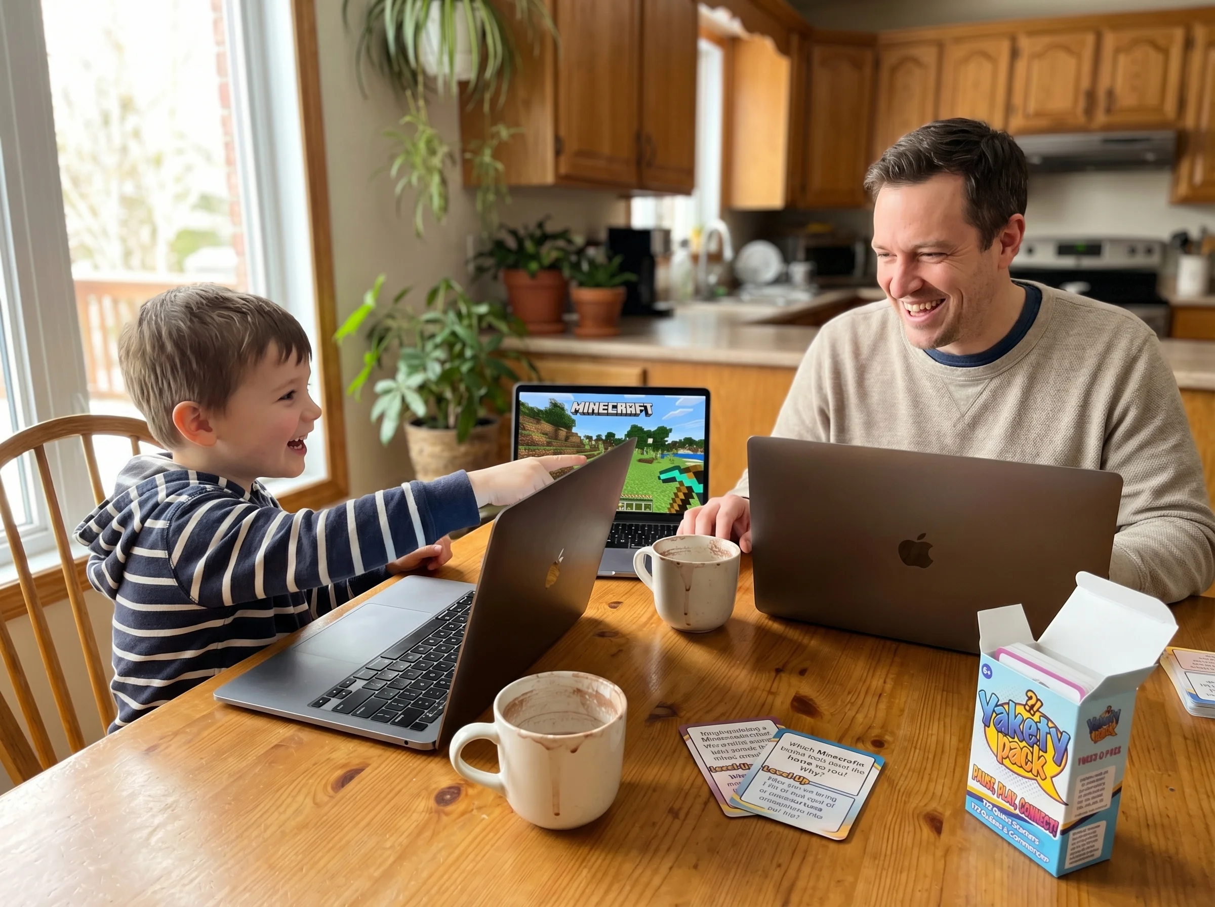 A kitchen table scene with a parent and child both on laptops playing Minecraft together, empty hot chocolate mugs between th