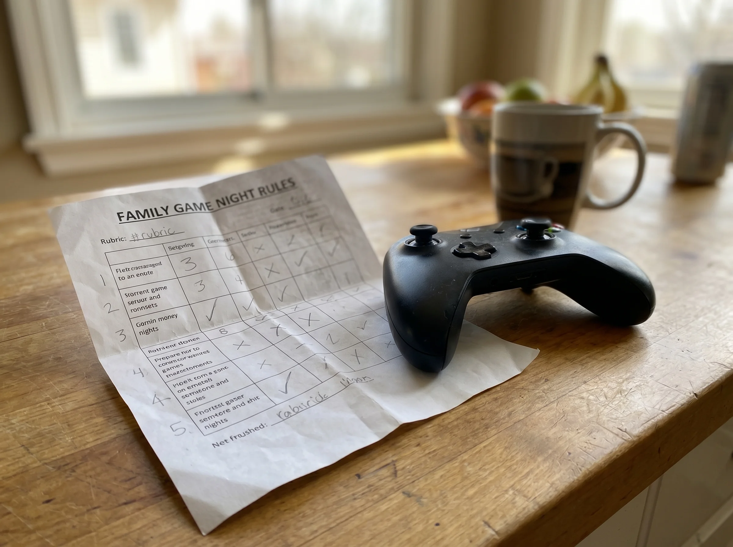A crumpled handwritten rubric on a kitchen counter next to a game controller, slightly out of focus, natural morning light