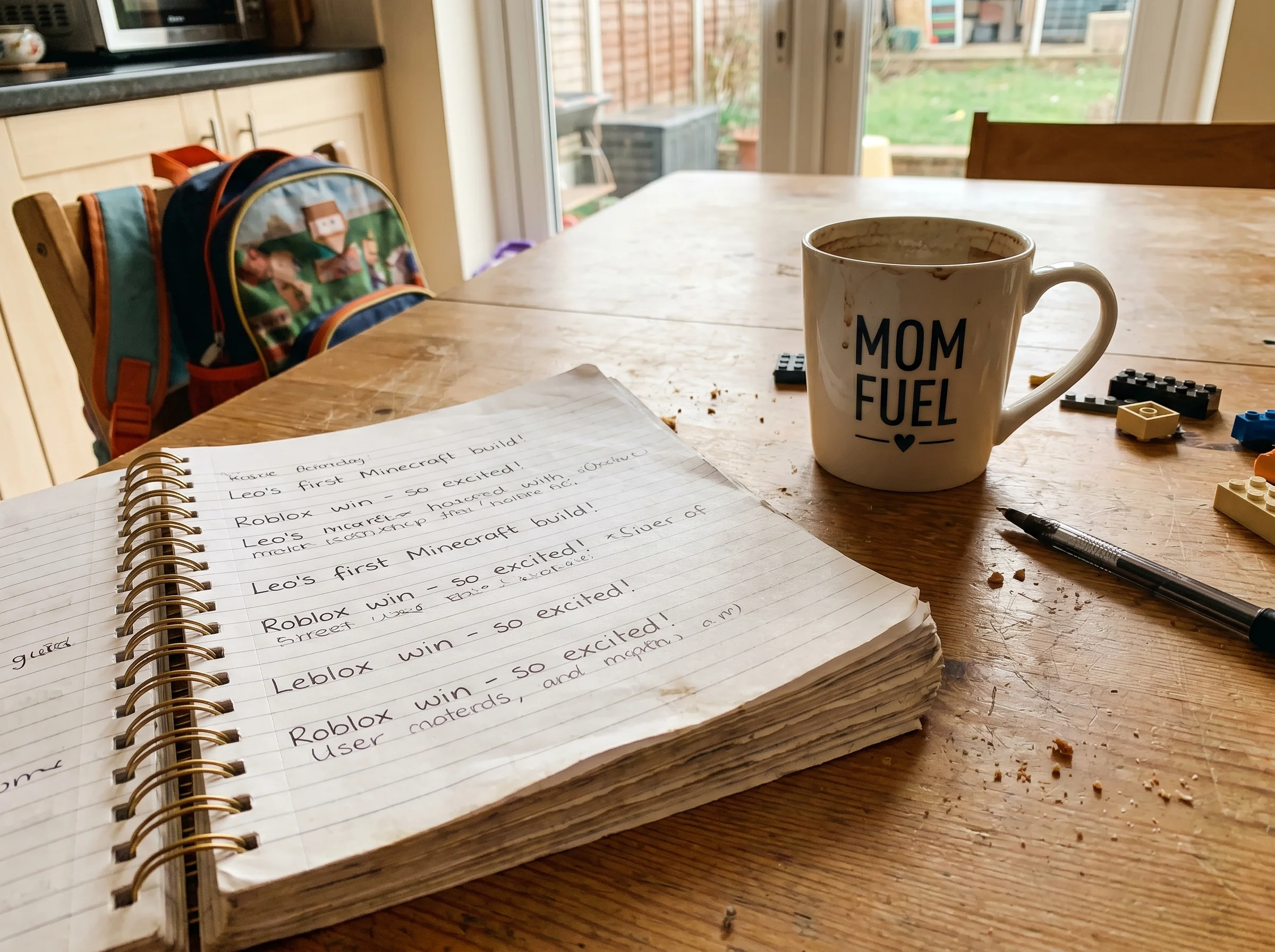 Open notebook on a kitchen table with handwritten notes about a kid's gaming moments, coffee mug nearby, casual and lived-in