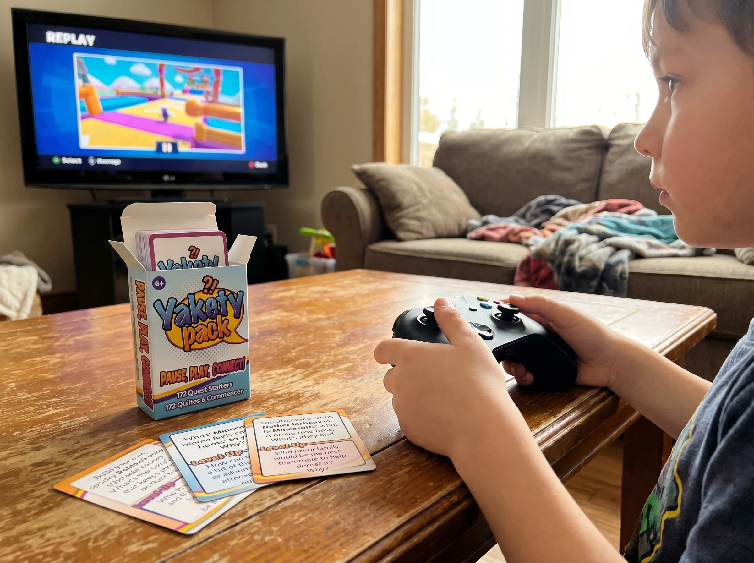 Close-up of a kid's hands on a controller, paused replay frame visible on the TV in the background, focused expression