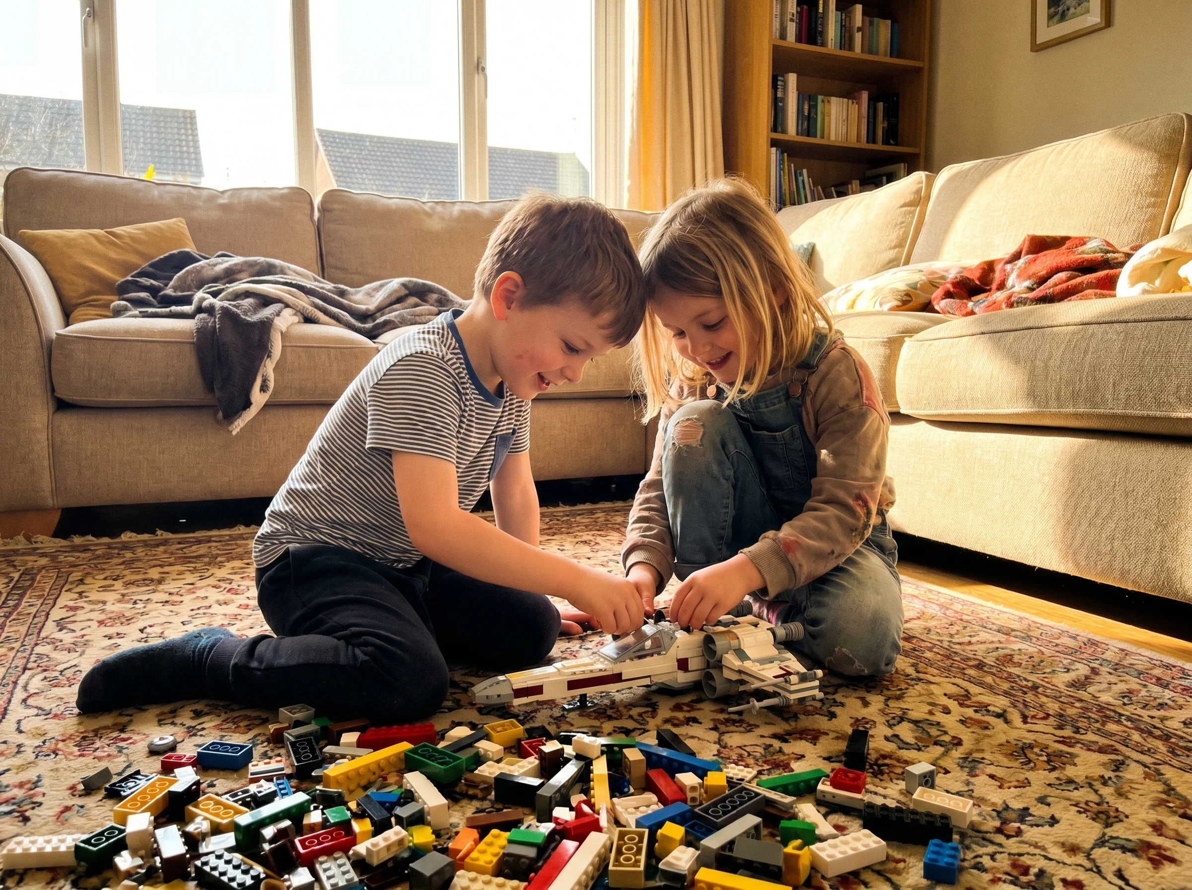 Two kids on the floor of a living room building a Lego project together, scattered bricks around them, focused and collaborat