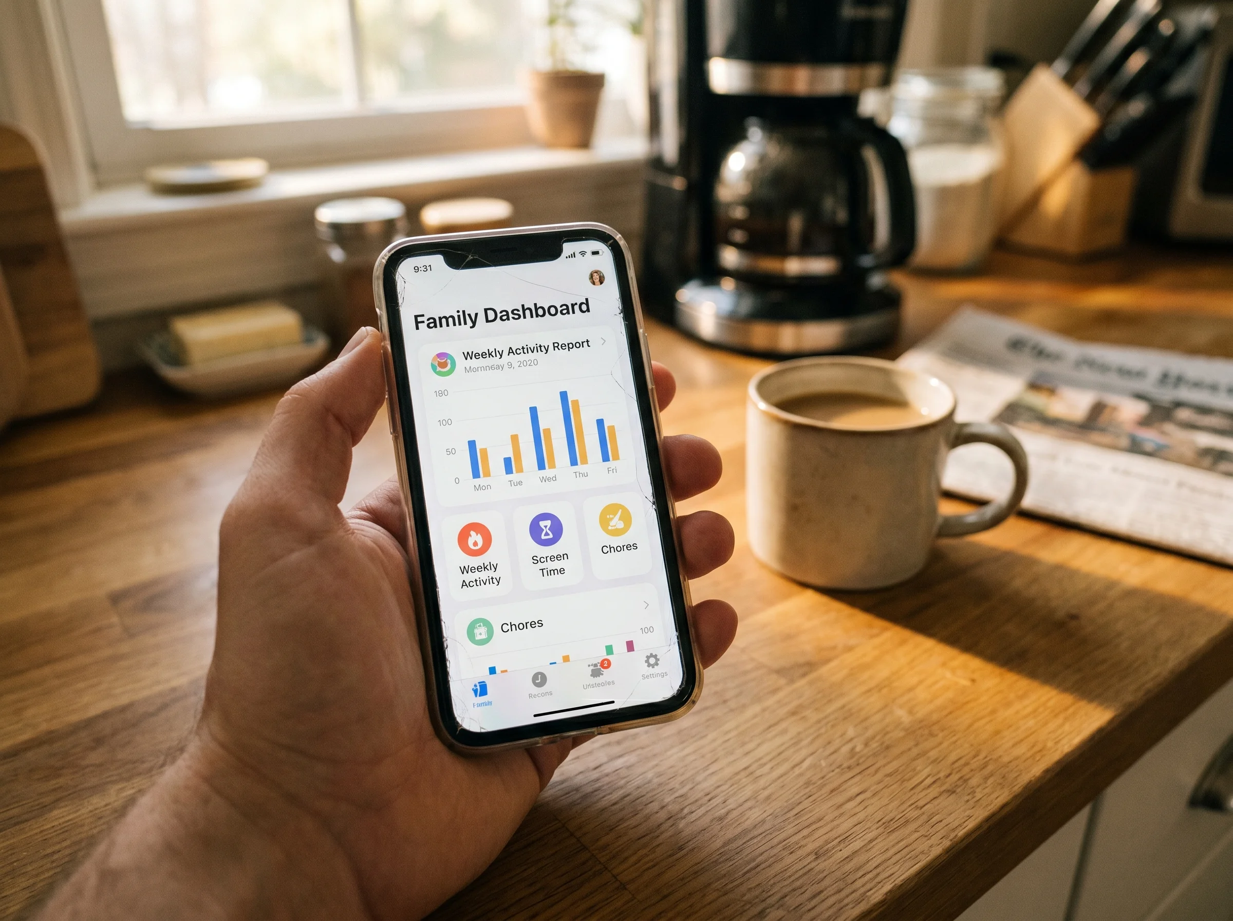 Parent's phone screen showing a family dashboard activity report, held casually over a kitchen counter, morning coffee in the