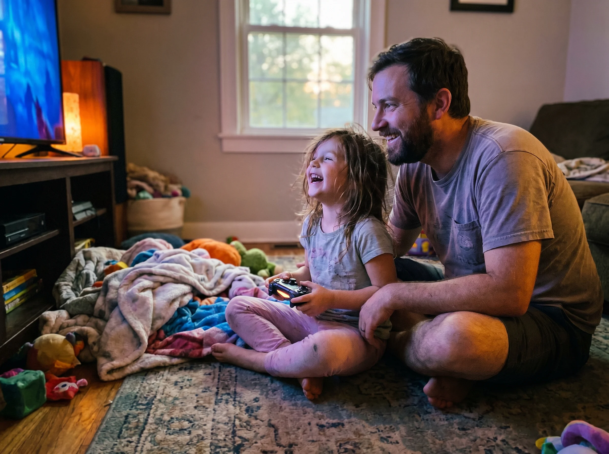 Dad and daughter sitting cross-legged on the floor, controller in her hands, both laughing, TV glow on their faces