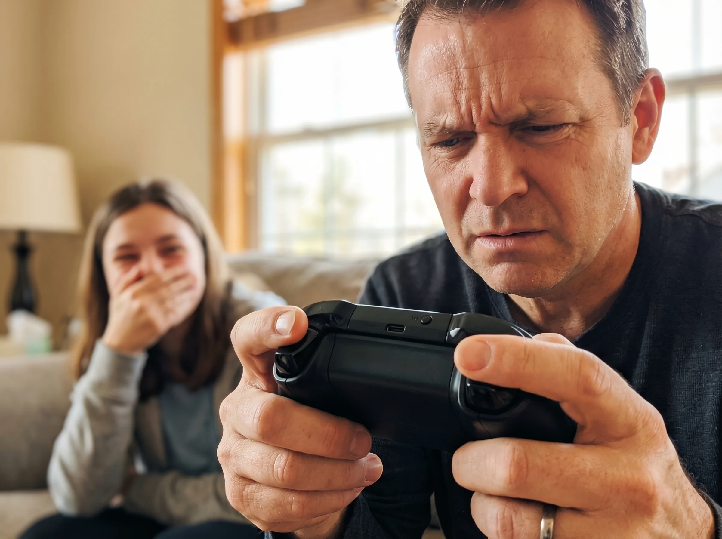 Close-up of confused adult holding a modern game controller upside down, looking at it like it's alien technology, teenager i