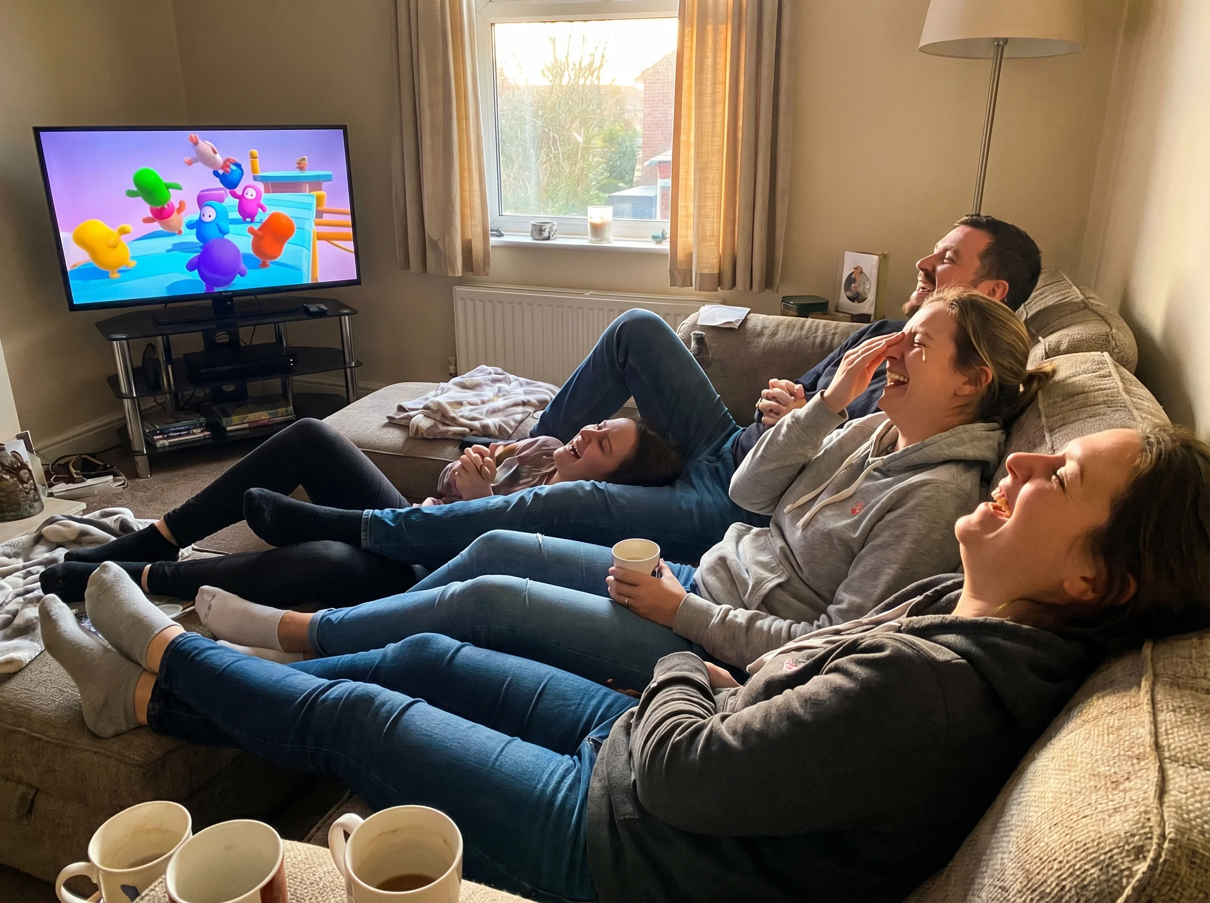 Group of adults collapsed on couch laughing, TV showing colorful blob characters falling off something, one person wiping tea