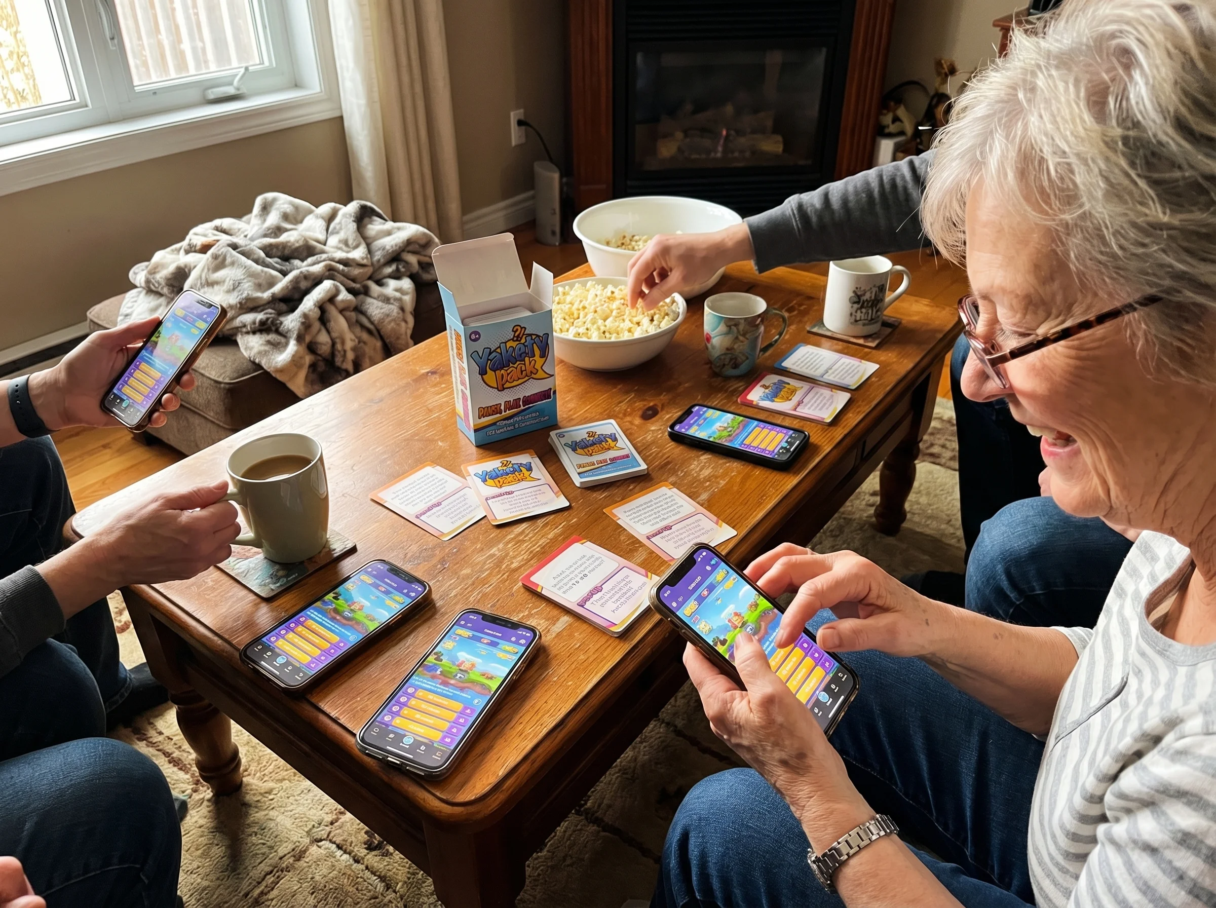 Coffee table covered in phones all displaying the same game interface, hands reaching from different directions, someone's gr