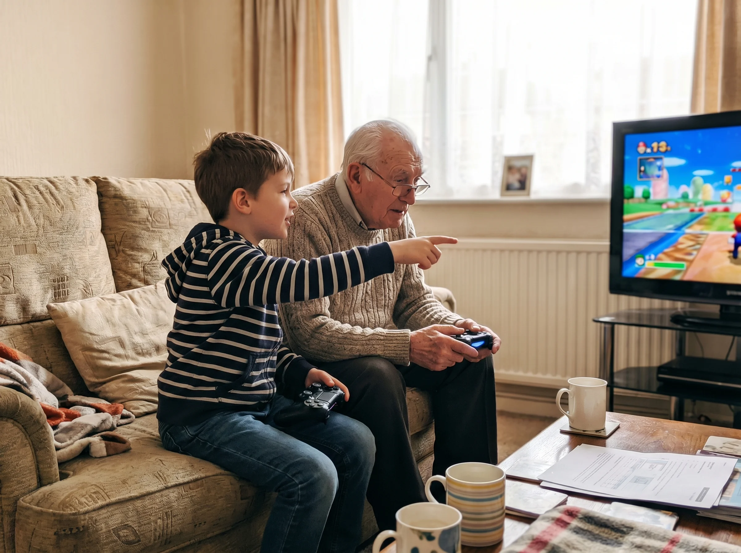 Kid and elderly person sitting side by side on couch, both holding controllers, kid explaining something while pointing at sc
