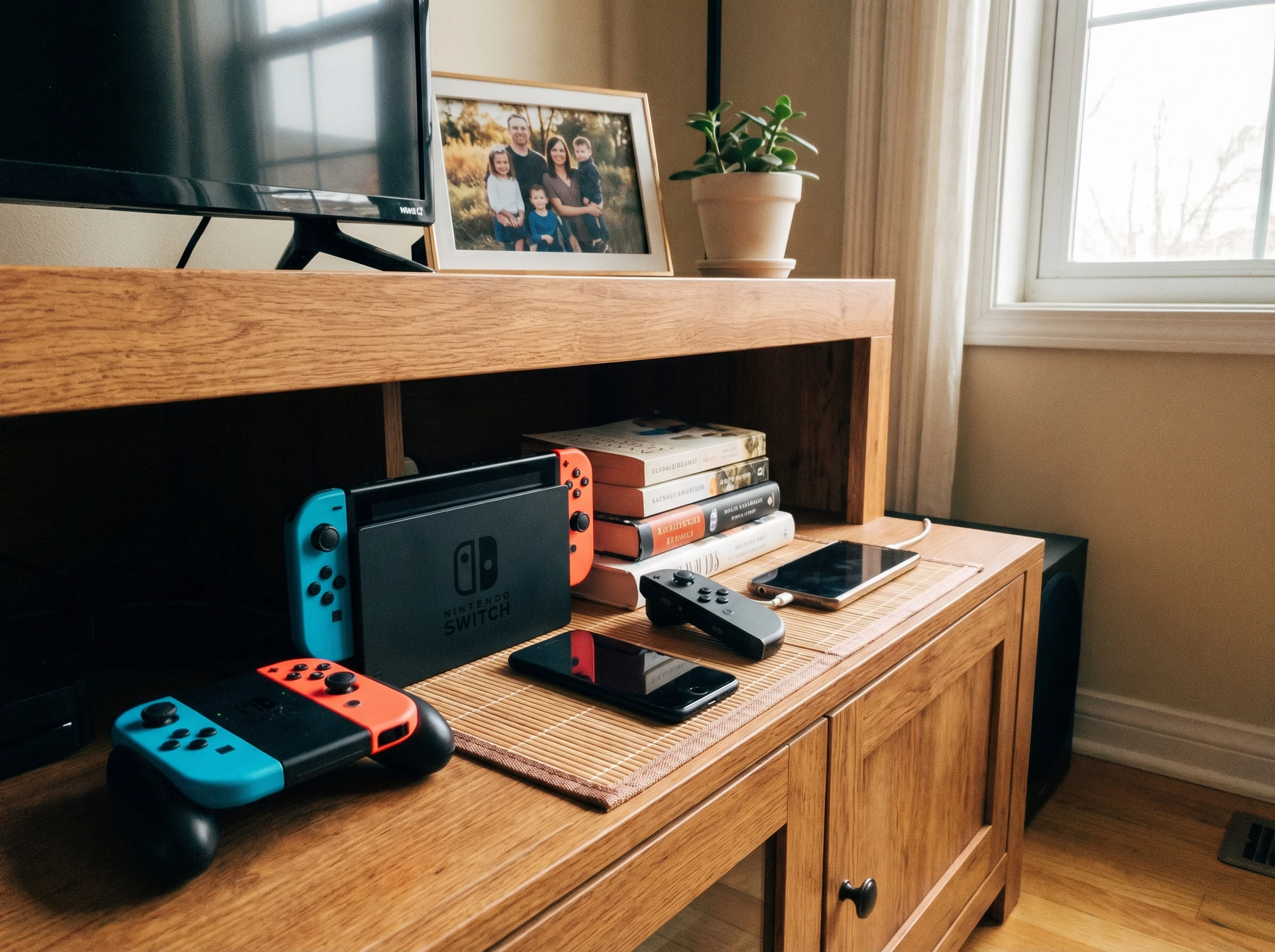 Simple setup showing a Switch dock, two sets of joy-cons, and phones arranged on entertainment center, clean and accessible n