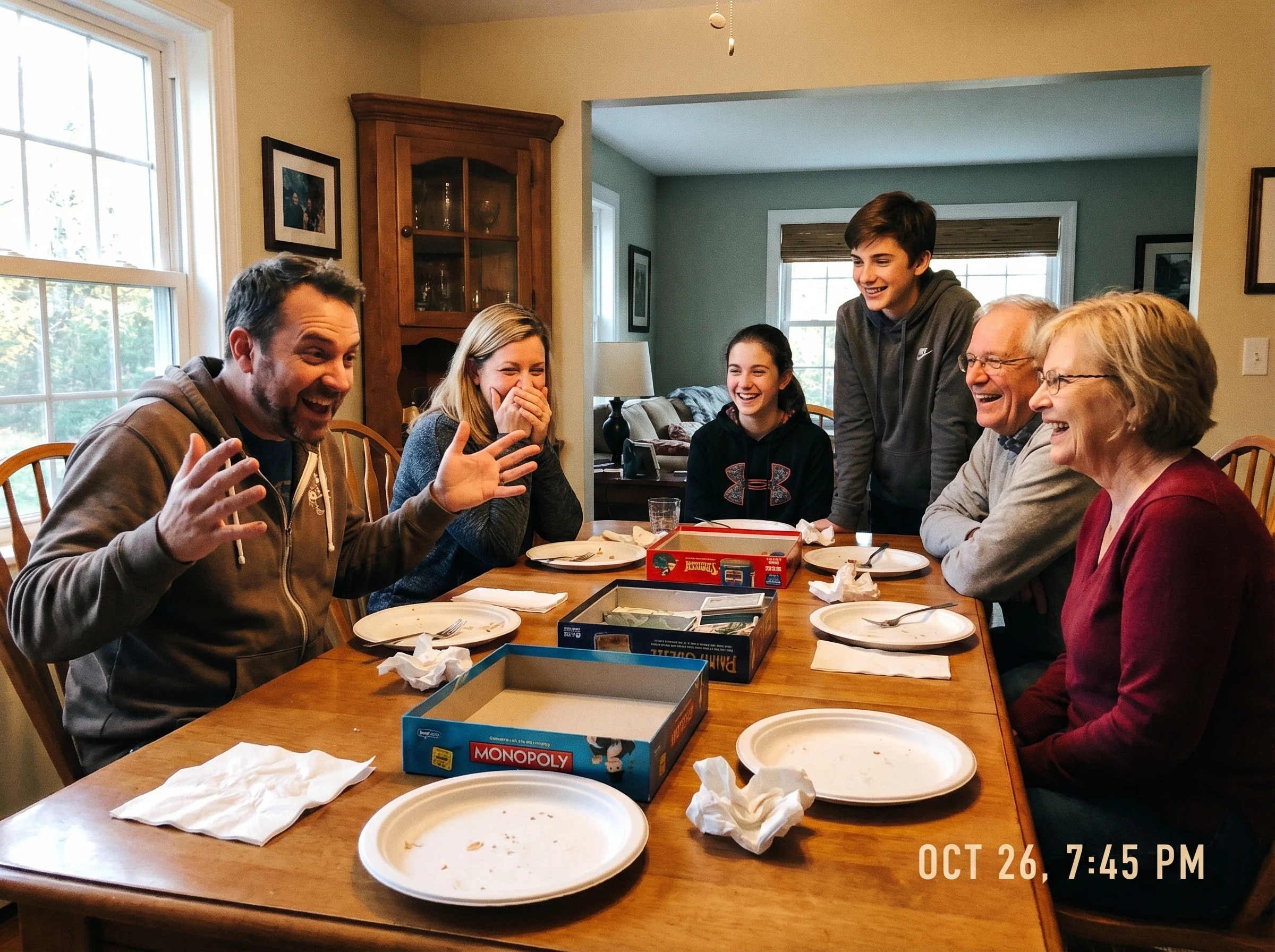 Family gathered around dinner table after gaming, animated conversation, someone demonstrating something with their hands, ot