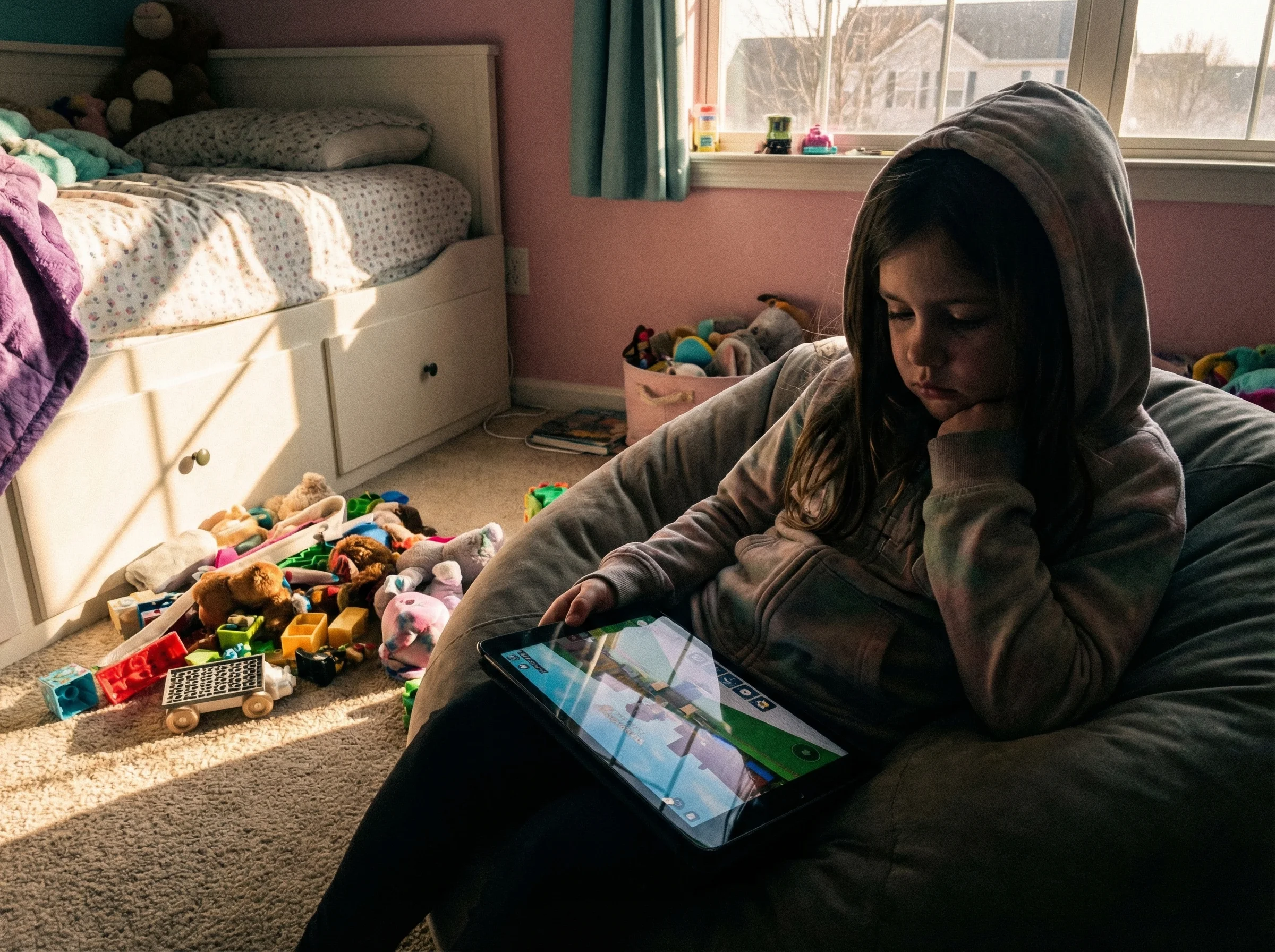 Young girl looking sad while holding a tablet, Roblox game visible on screen, sitting alone in her bedroom with afternoon sha