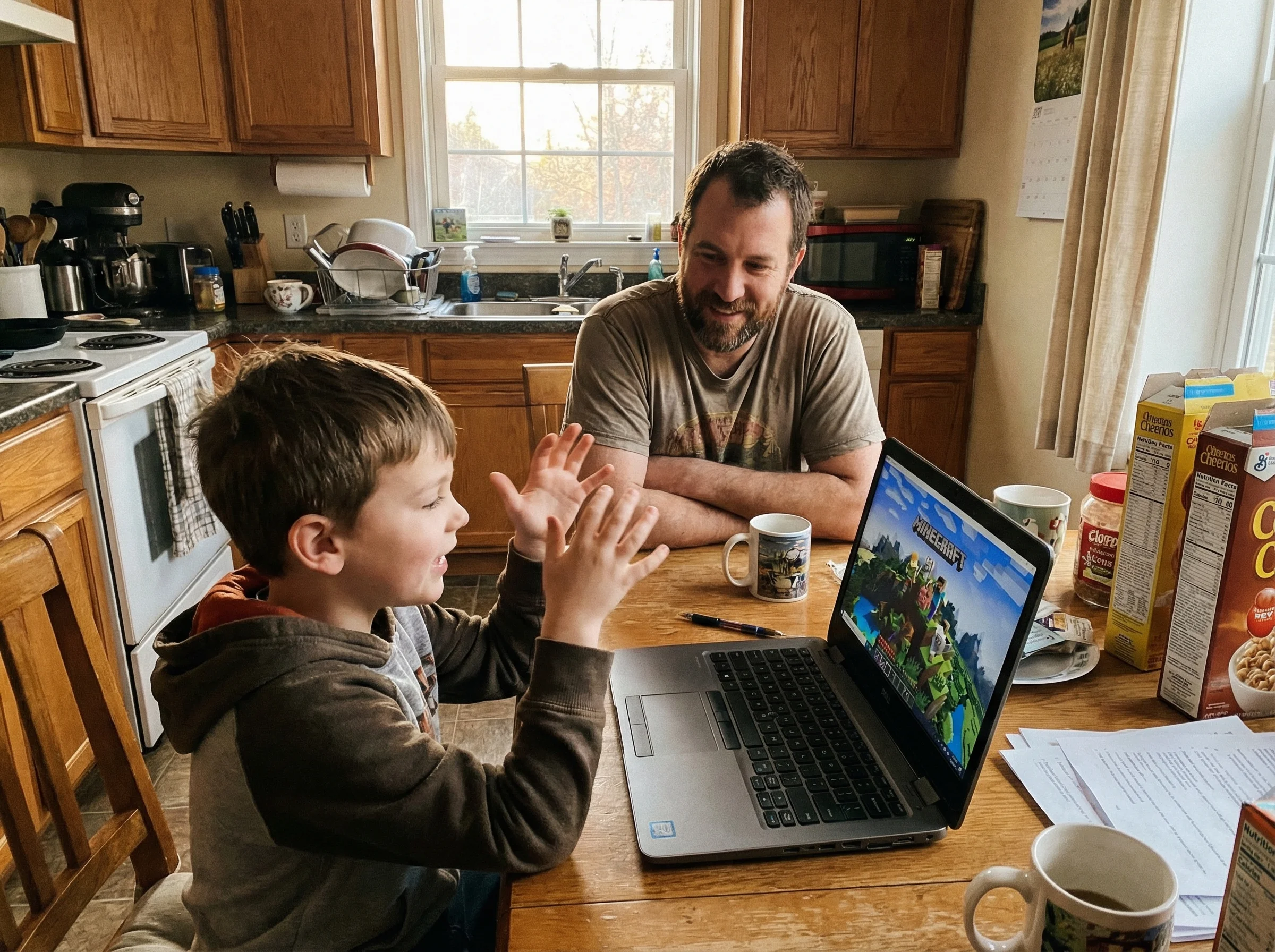 Dad and son sitting at kitchen table, son explaining something with hand gestures while dad listens, laptop showing Minecraft