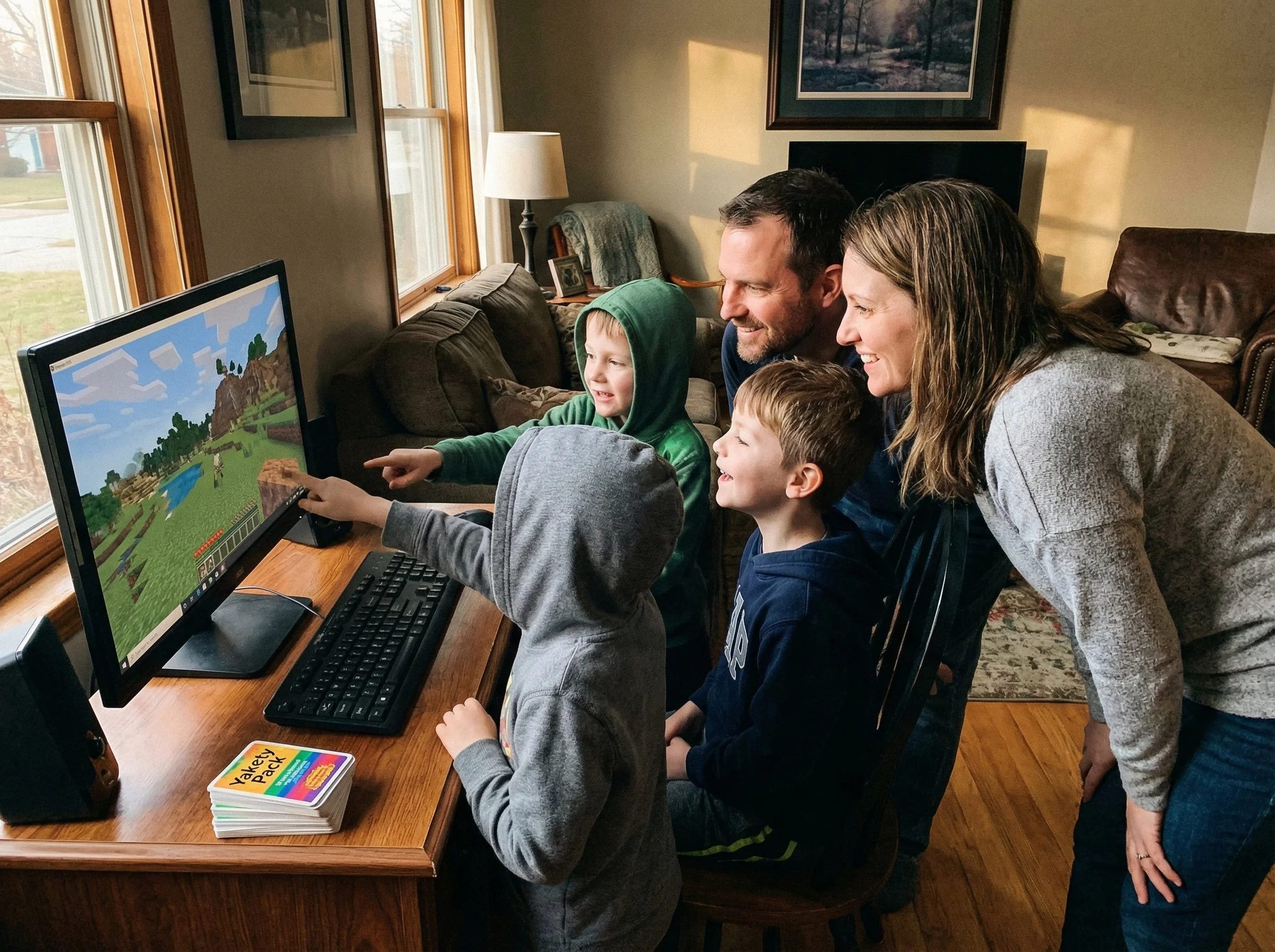 Family gathered around computer screen, kids pointing at Minecraft builds while parents look engaged, Yakety Pack cards visib