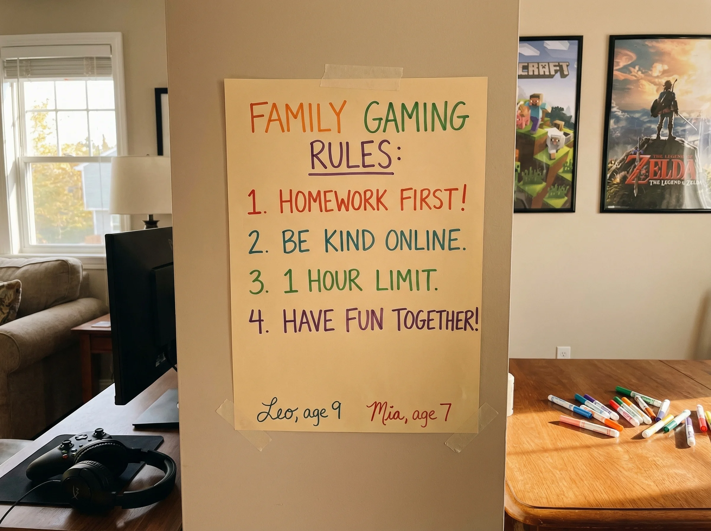 Handwritten family rules posted next to gaming setup, kids' signatures at bottom, colorful markers and gaming posters in back