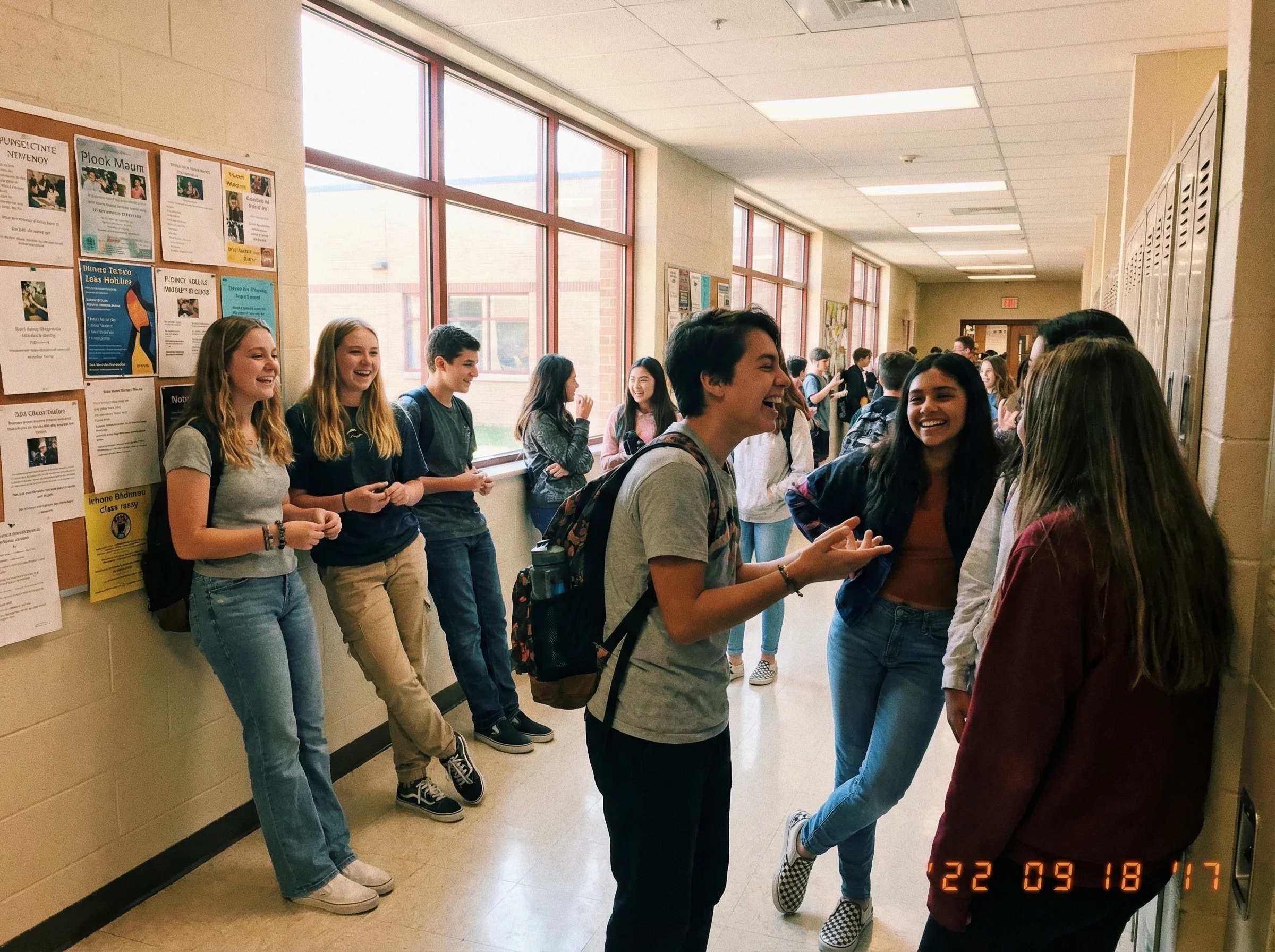 Middle school hallway with kids talking and laughing between classes, natural school lighting, candid moment