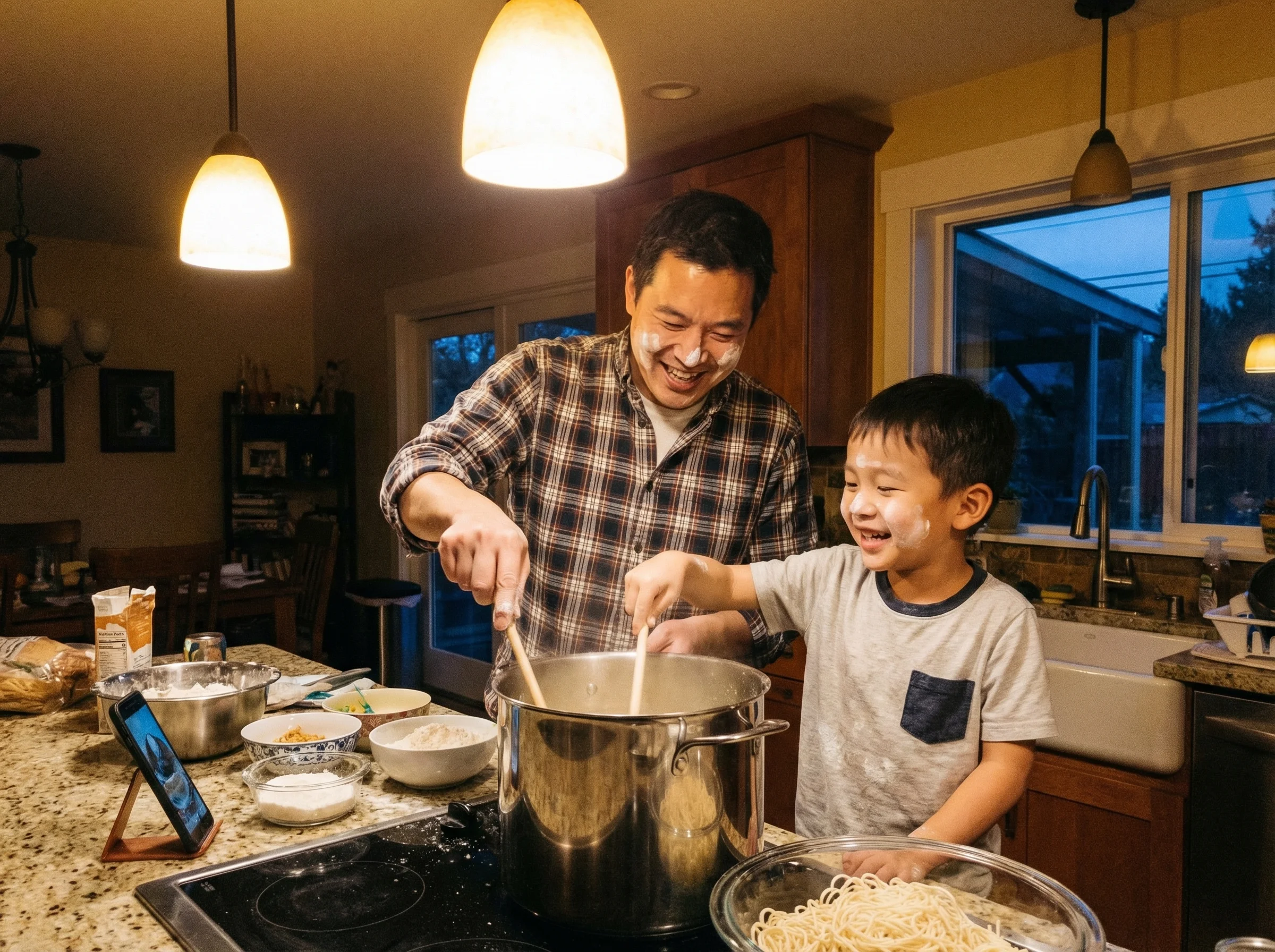 Father and son cooking together in kitchen, making ramen, both smiling with flour on their faces, evening kitchen lighting