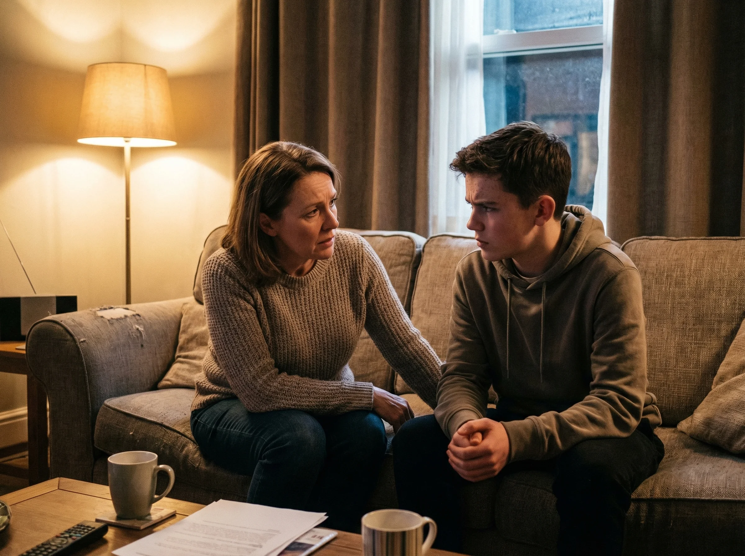 Parent and teen sitting on couch having a serious conversation, soft living room lighting, both engaged and making eye contac